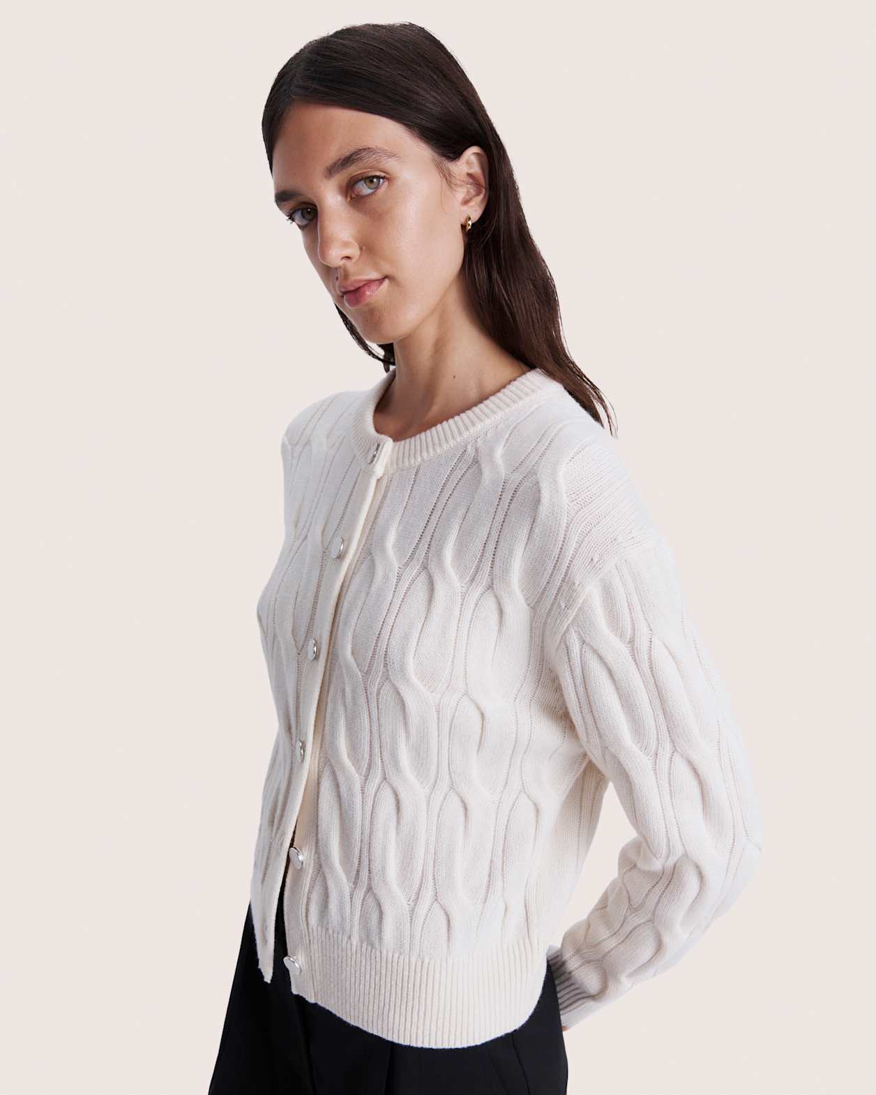 Nora Wool Cashmere Cable Cardi in VANILLA