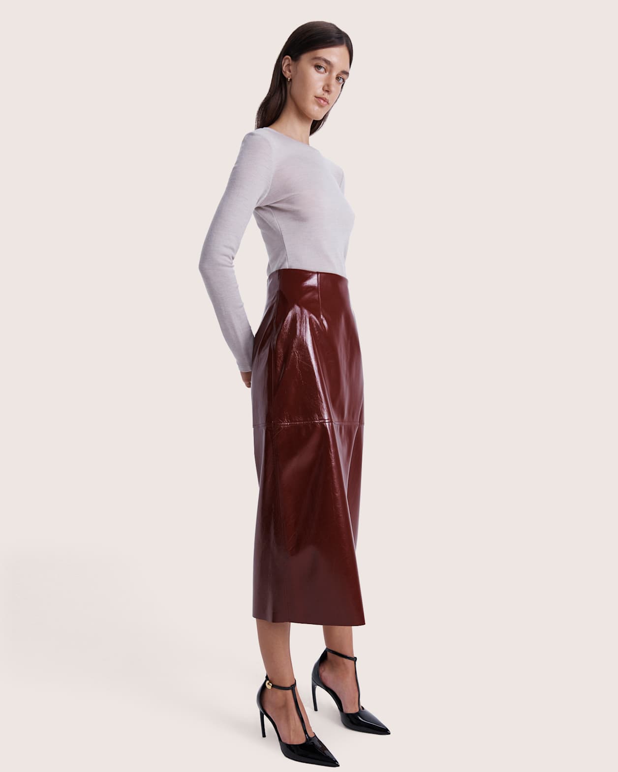 Penelope Patent Midi Skirt in VINO