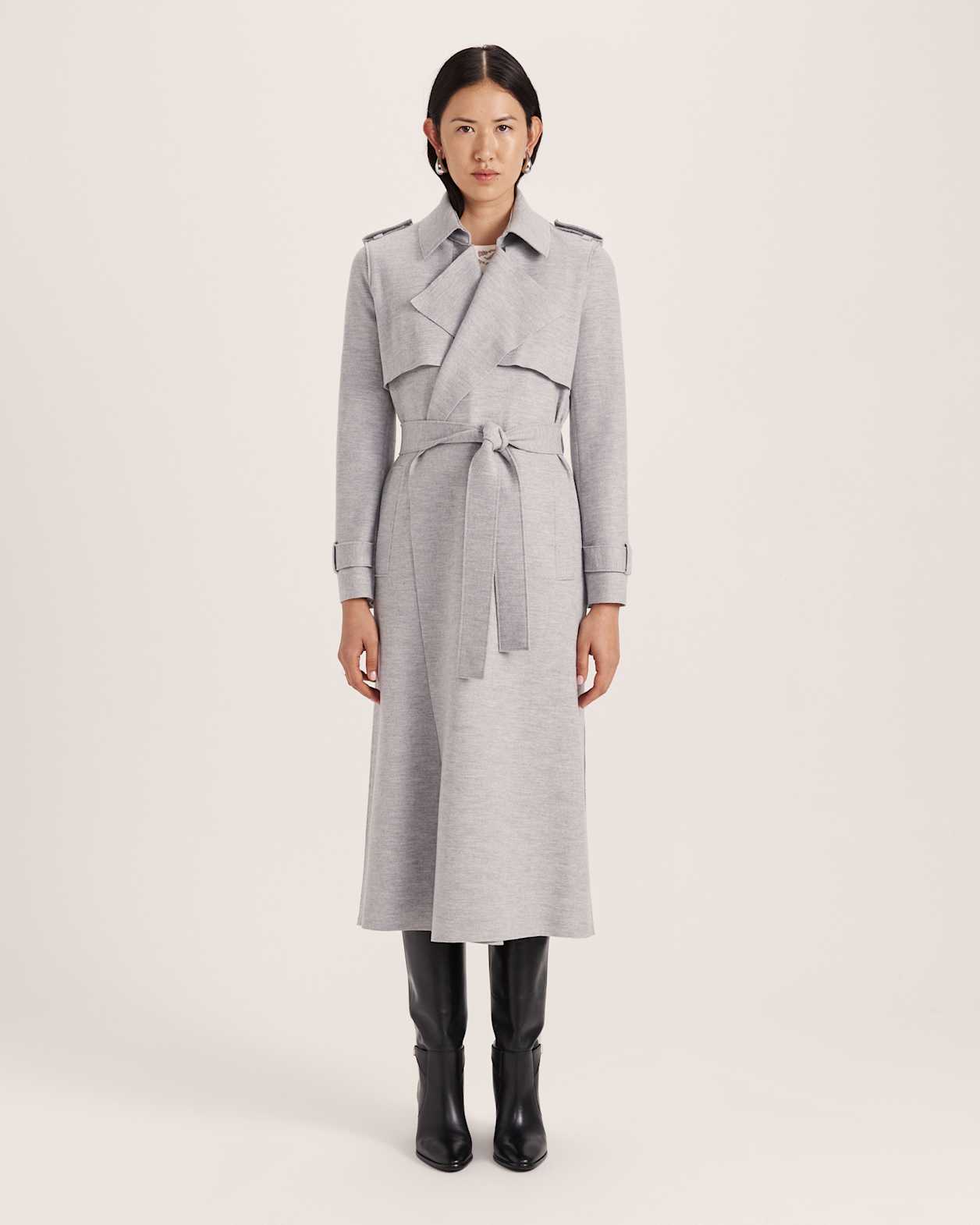 Karla Wool Longline Trench Coat in GREY MELANGE