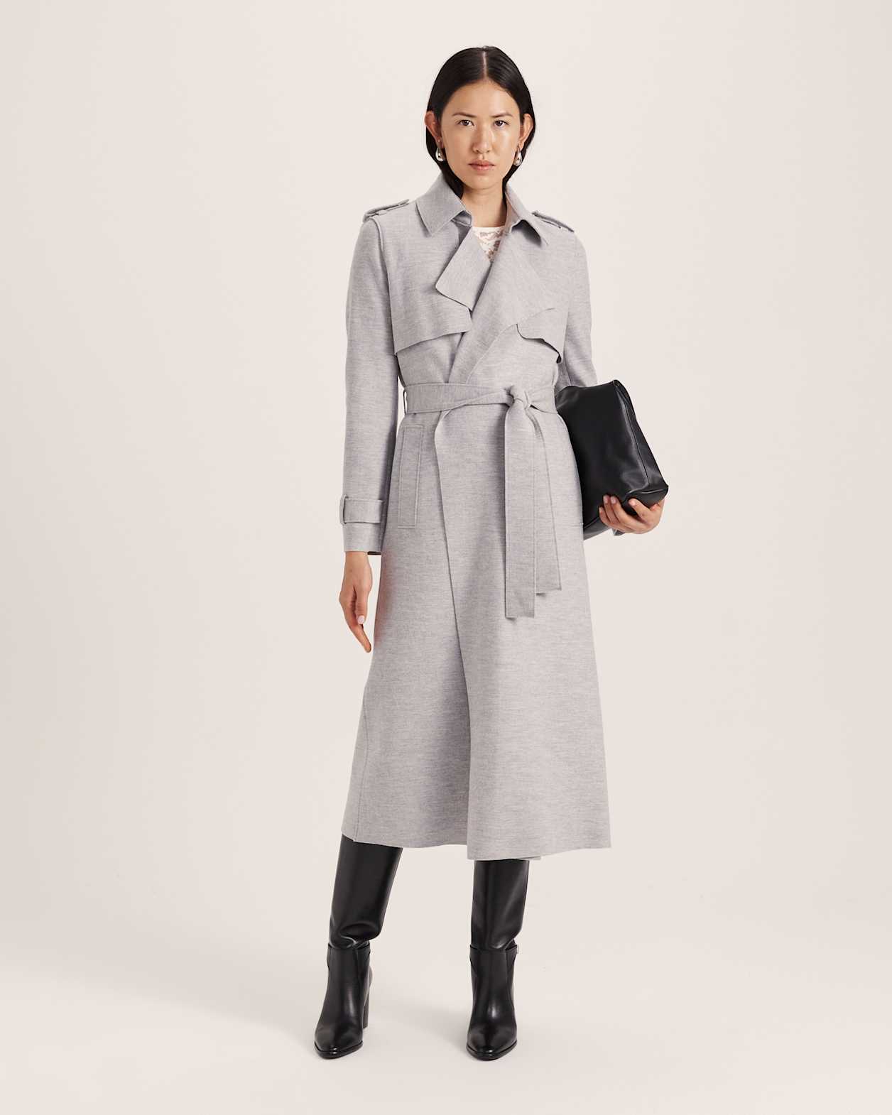 Karla Wool Longline Trench Coat in GREY MELANGE
