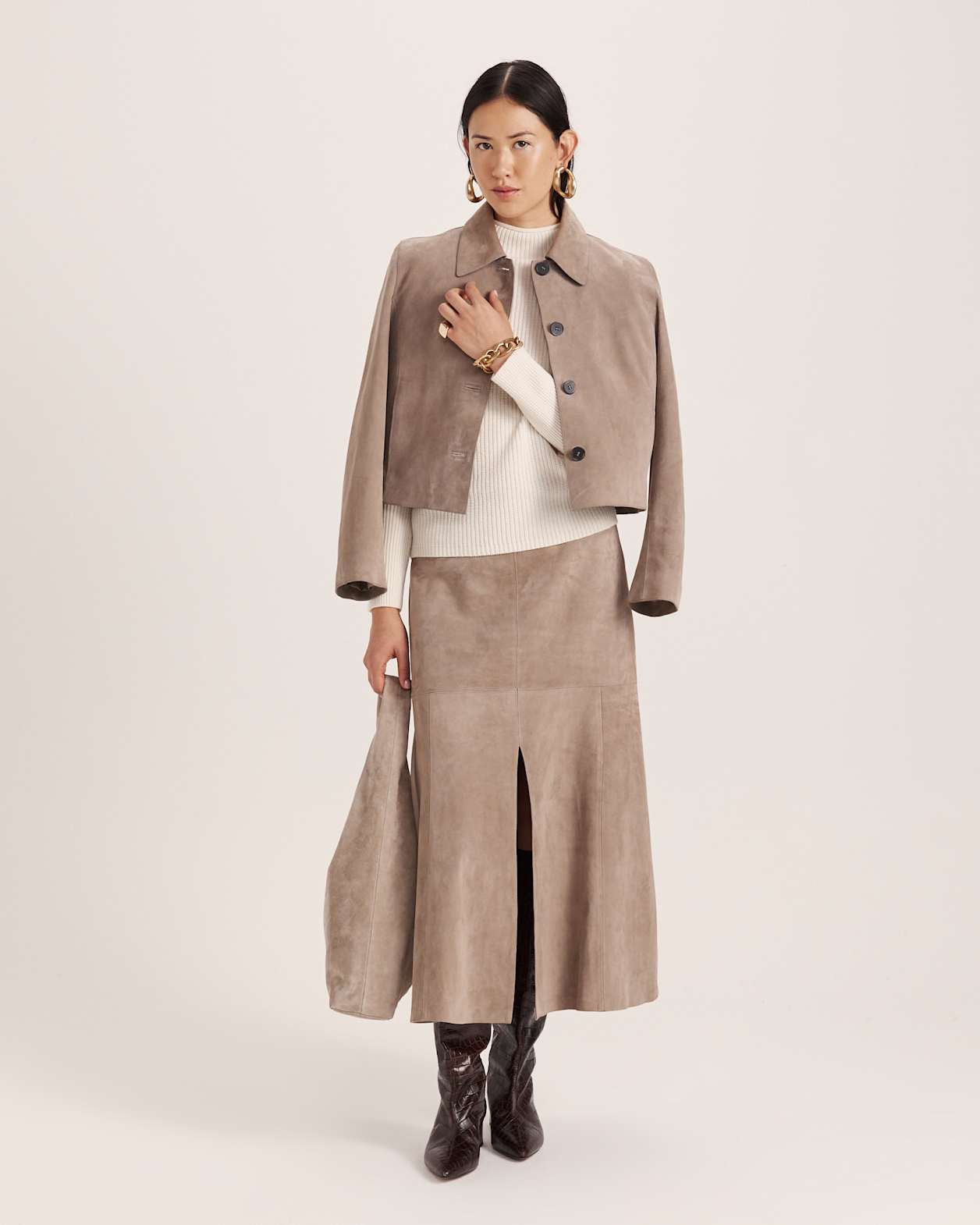 Nadia Suede Leather Midi Skirt in MINK