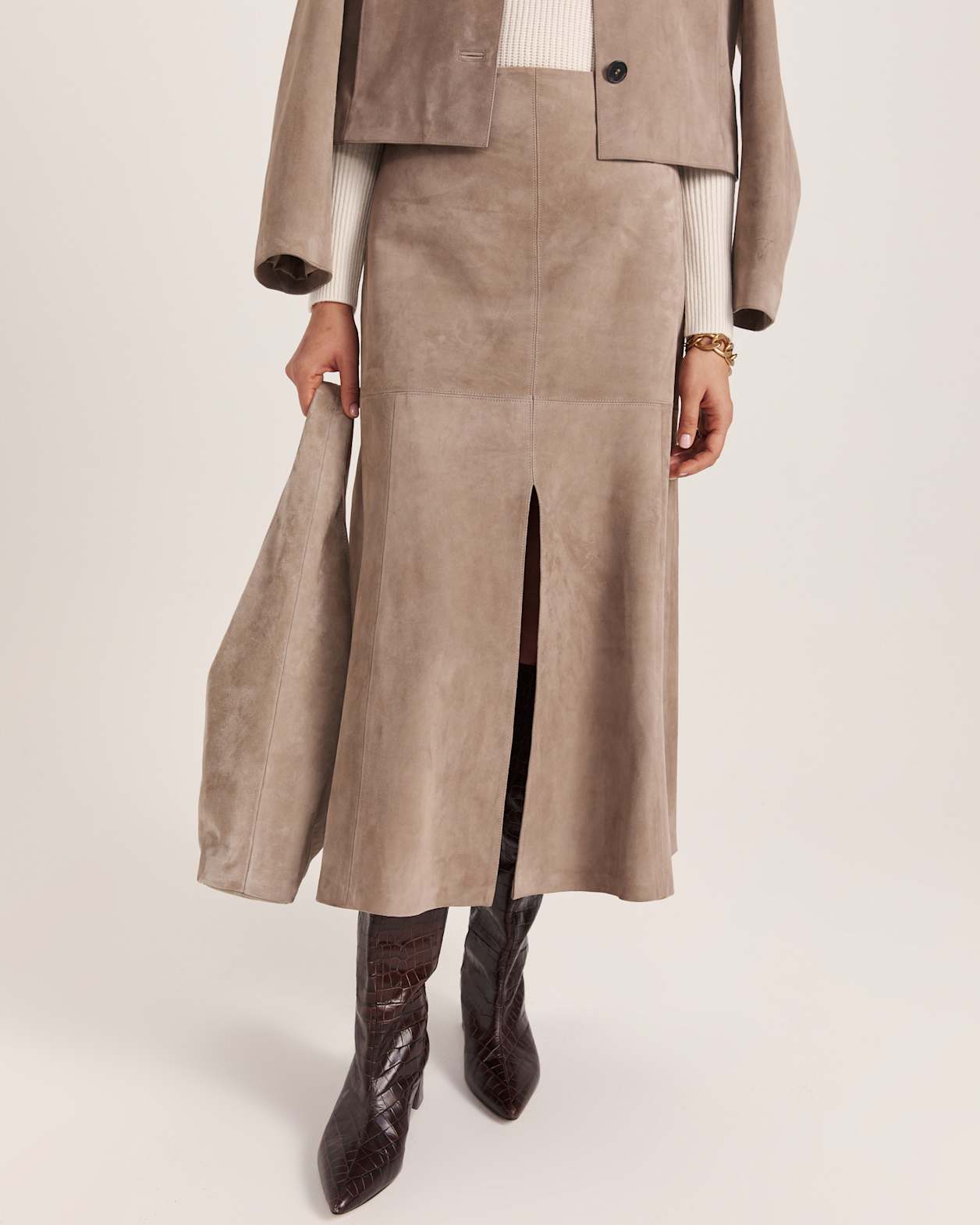 Nadia Suede Leather Midi Skirt in MINK