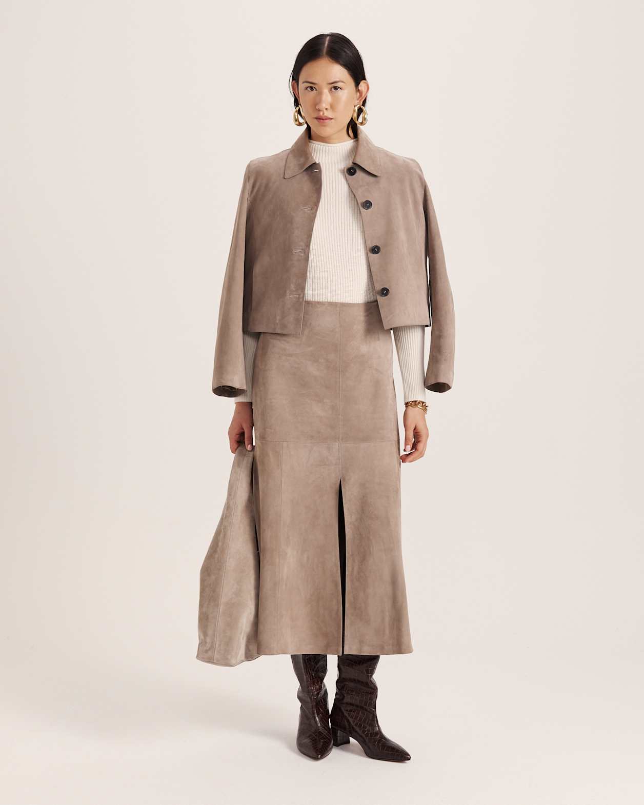 Nadia Suede Leather Midi Skirt in MINK