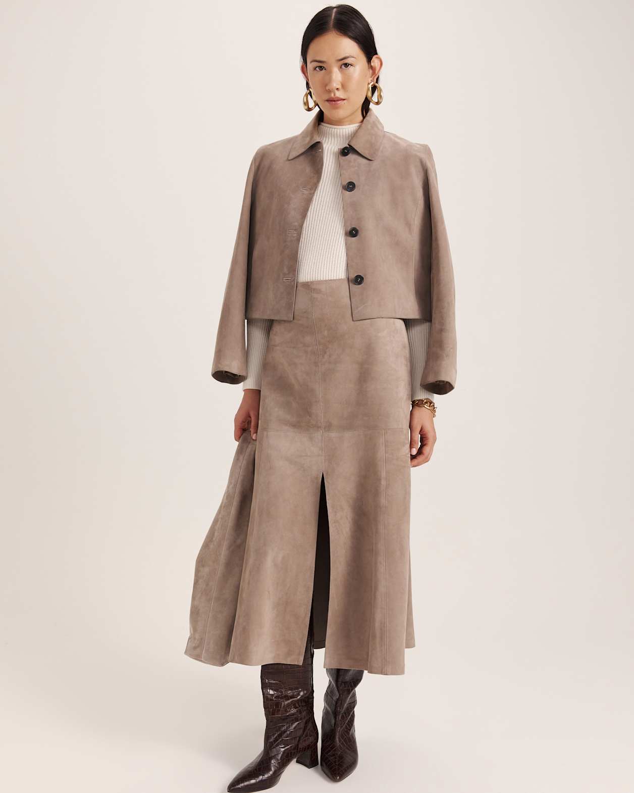 Nadia Suede Leather Midi Skirt in MINK