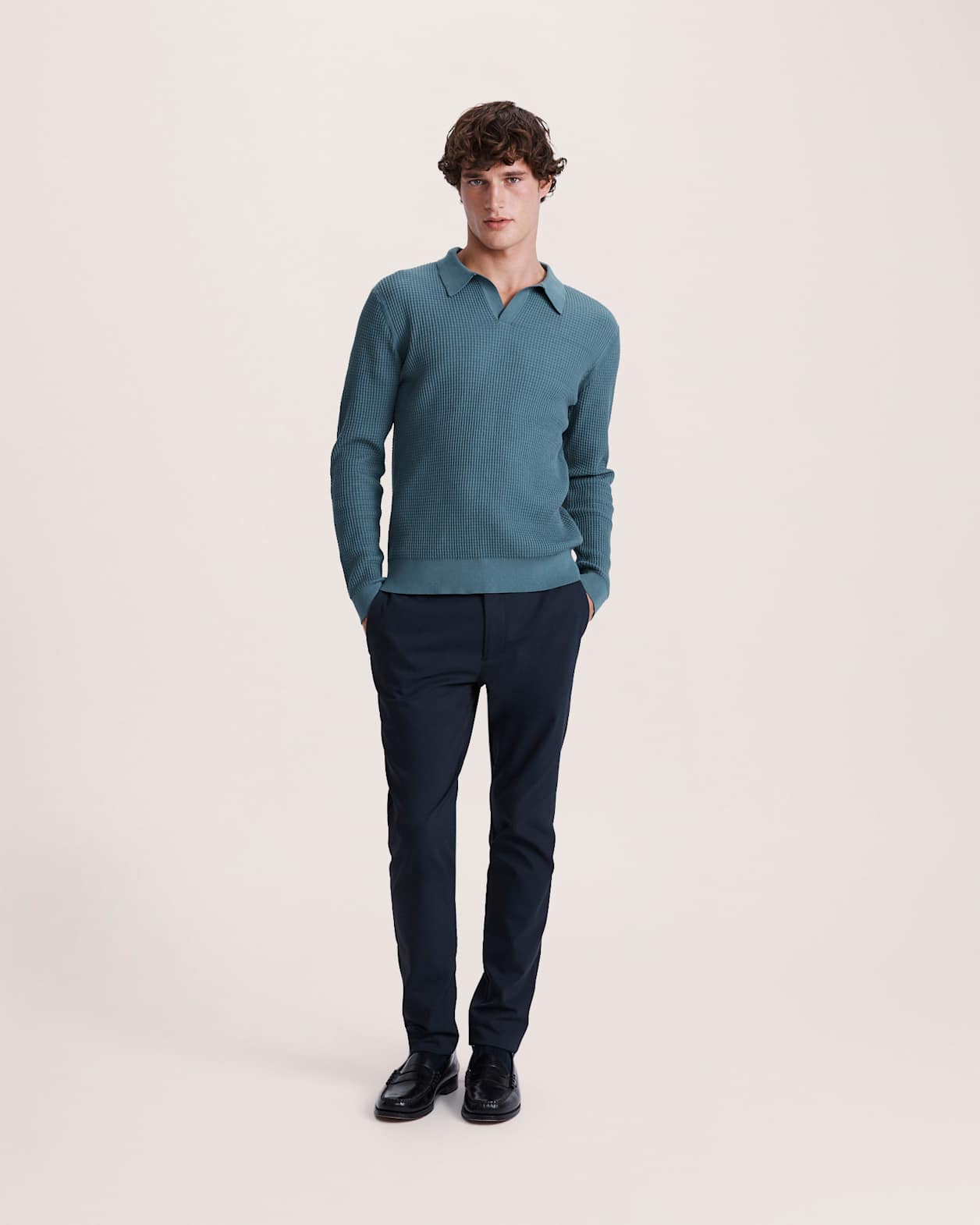 Monte Long Sleeve Waffle Knit Polo in PETROL