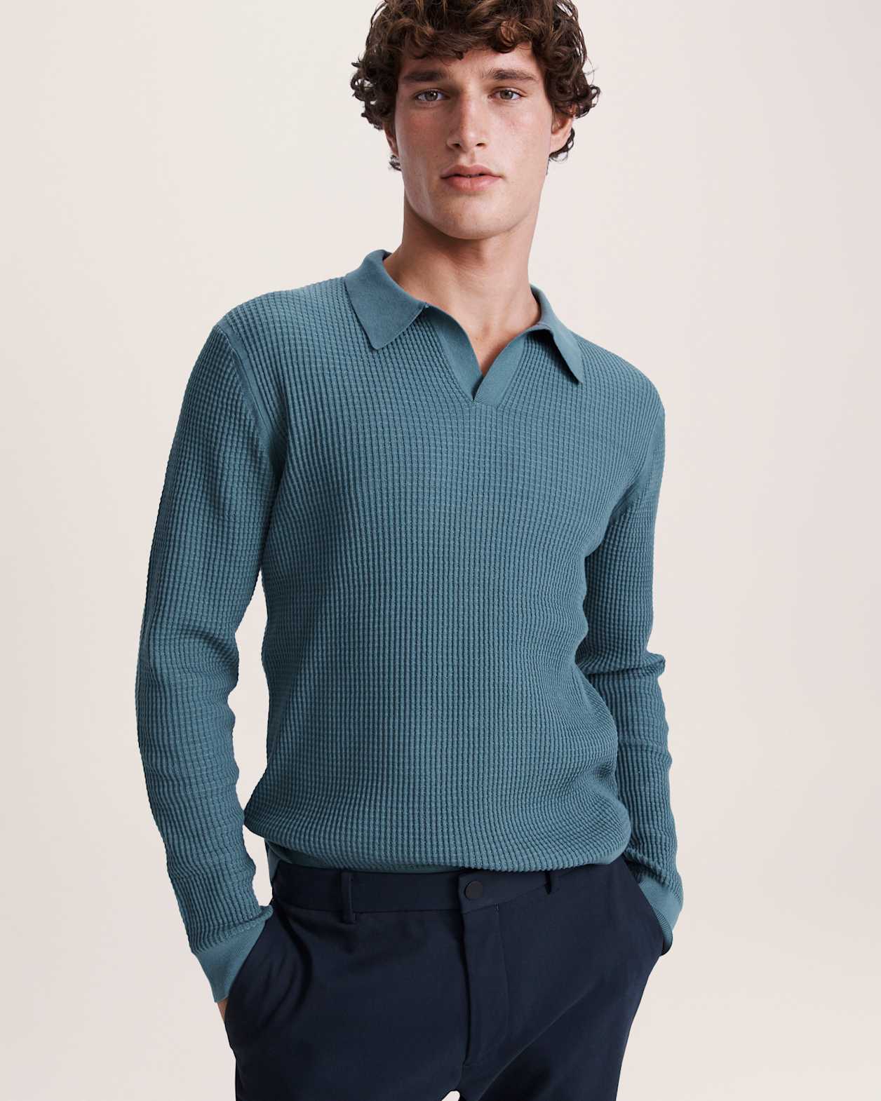 Monte Long Sleeve Waffle Knit Polo in PETROL