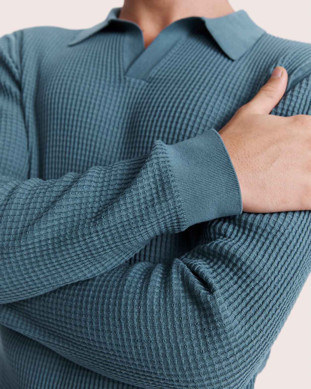 Monte Long Sleeve Waffle Knit Polo in PETROL