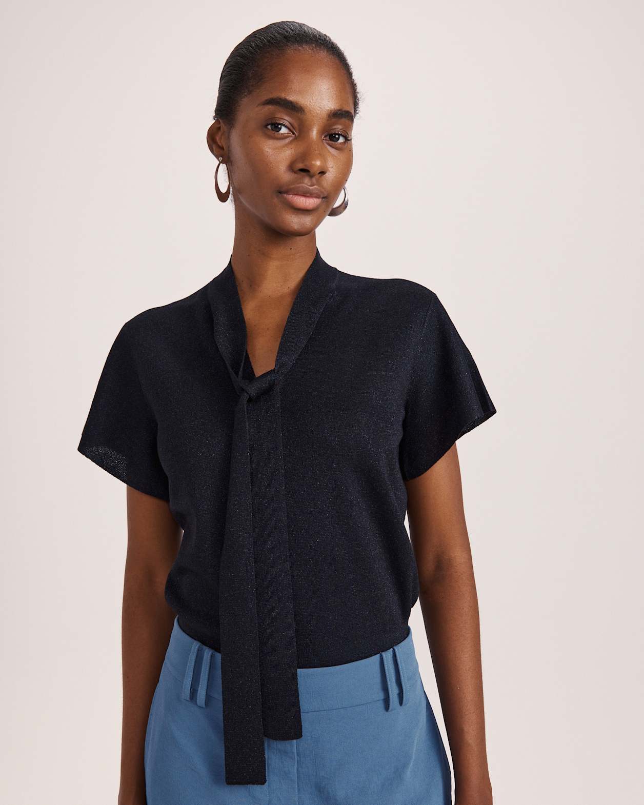 Mariya Metallic Tie Neck Knit in MIDNIGHT