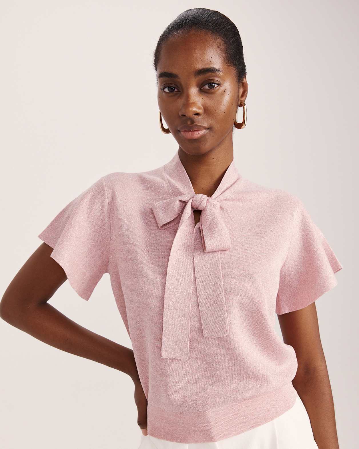 Mariya Metallic Tie Neck Knit in PALE PINK