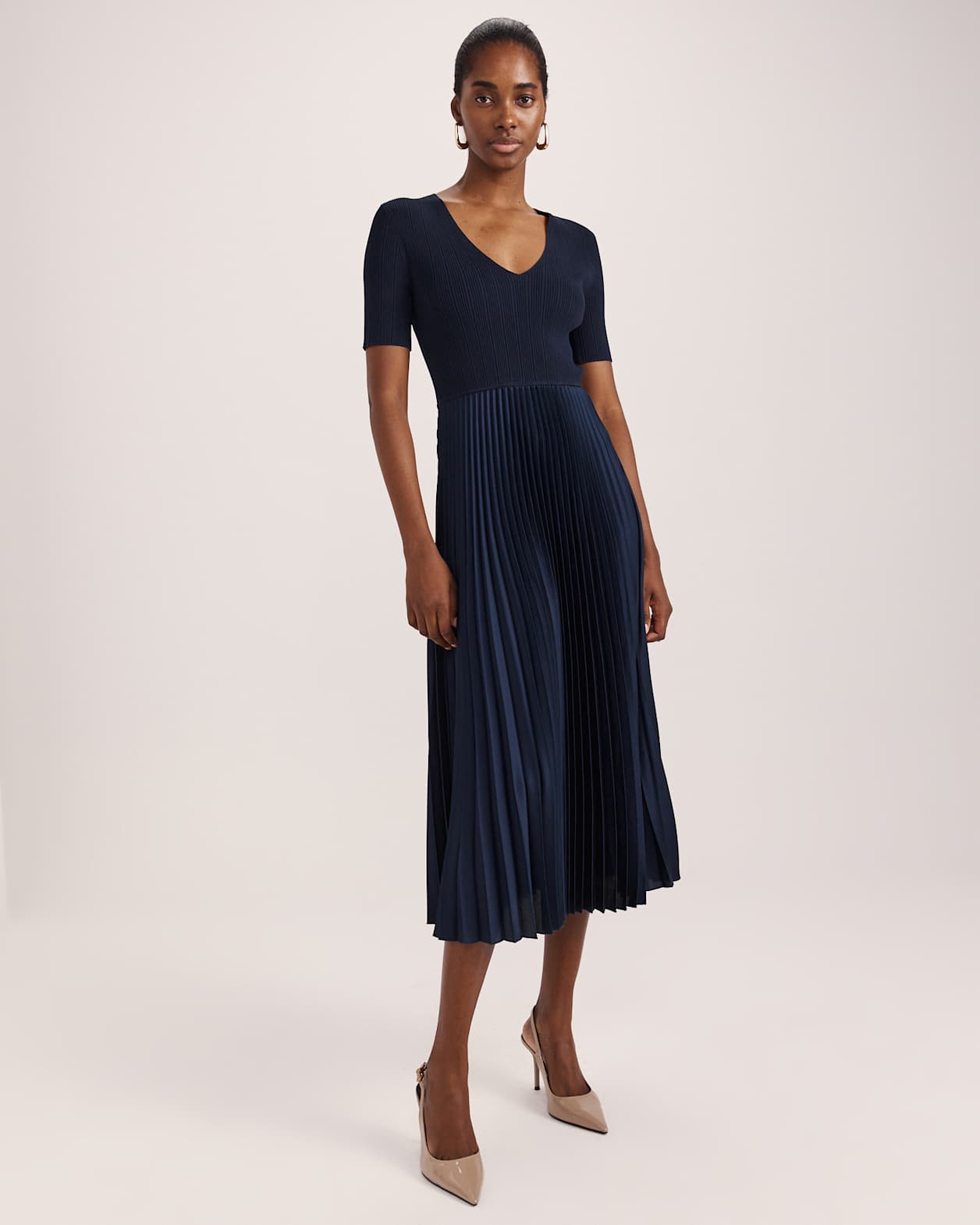 Vicky V Neck Mixed Media Dress in NAVY