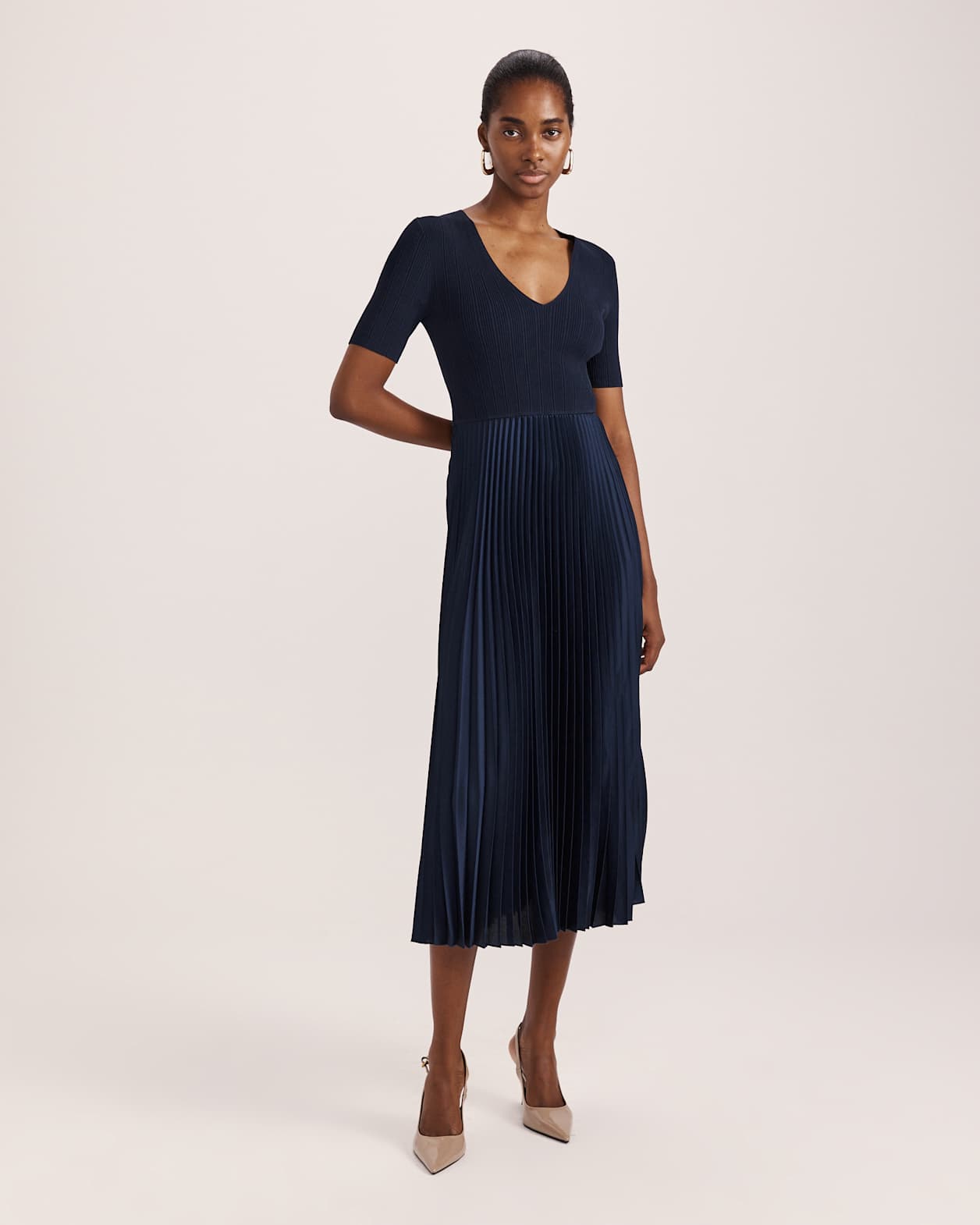 Vicky V Neck Mixed Media Dress in NAVY