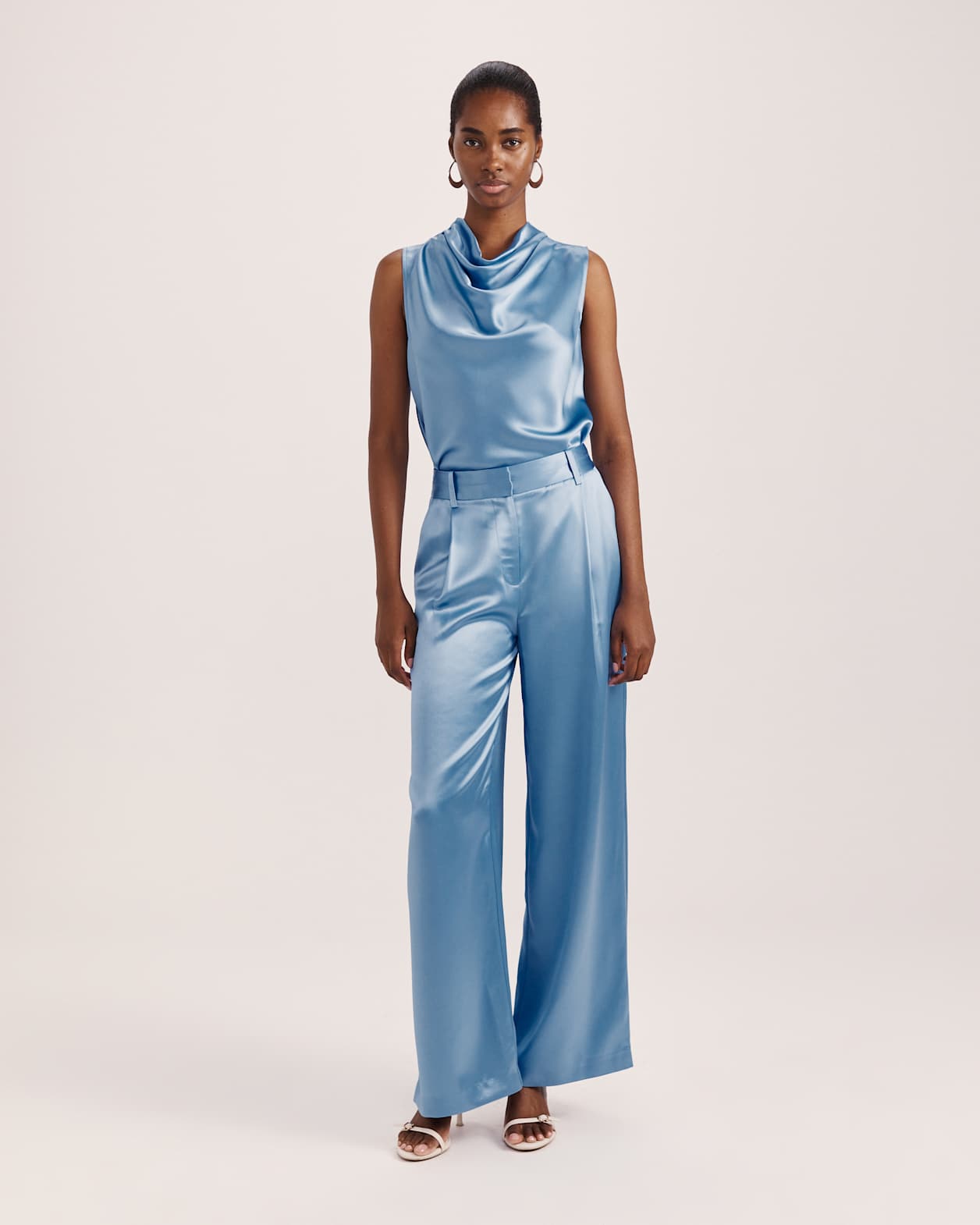 Sallee Satin Cowl Neck Top in BLUE AZURE