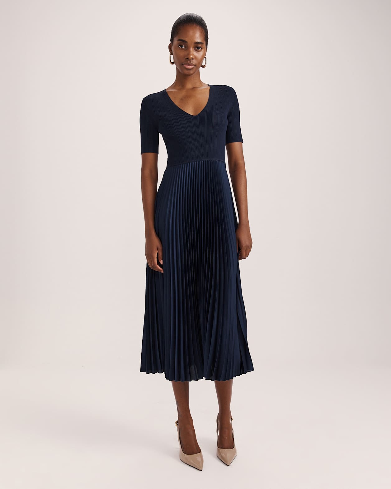 Vicky V Neck Mixed Media Dress in NAVY