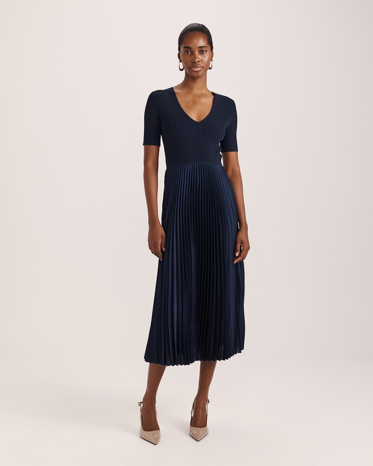 Vicky V Neck Mixed Media Dress in NAVY