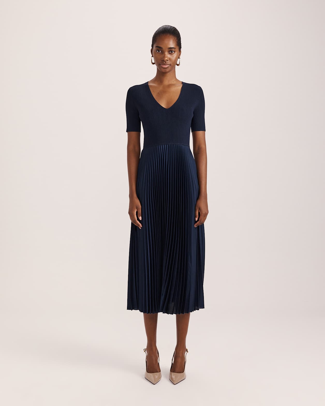 Vicky V Neck Mixed Media Dress in NAVY