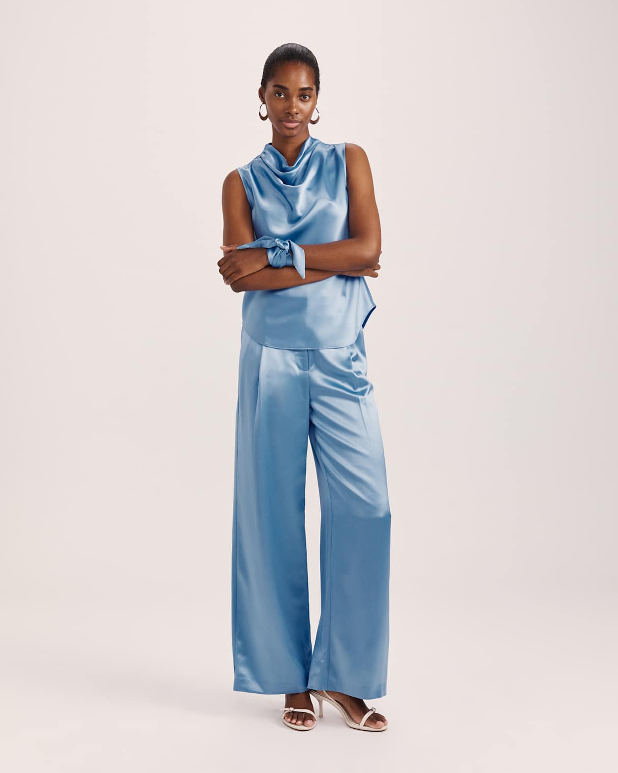 Sallee Satin Cowl Neck Top in BLUE AZURE