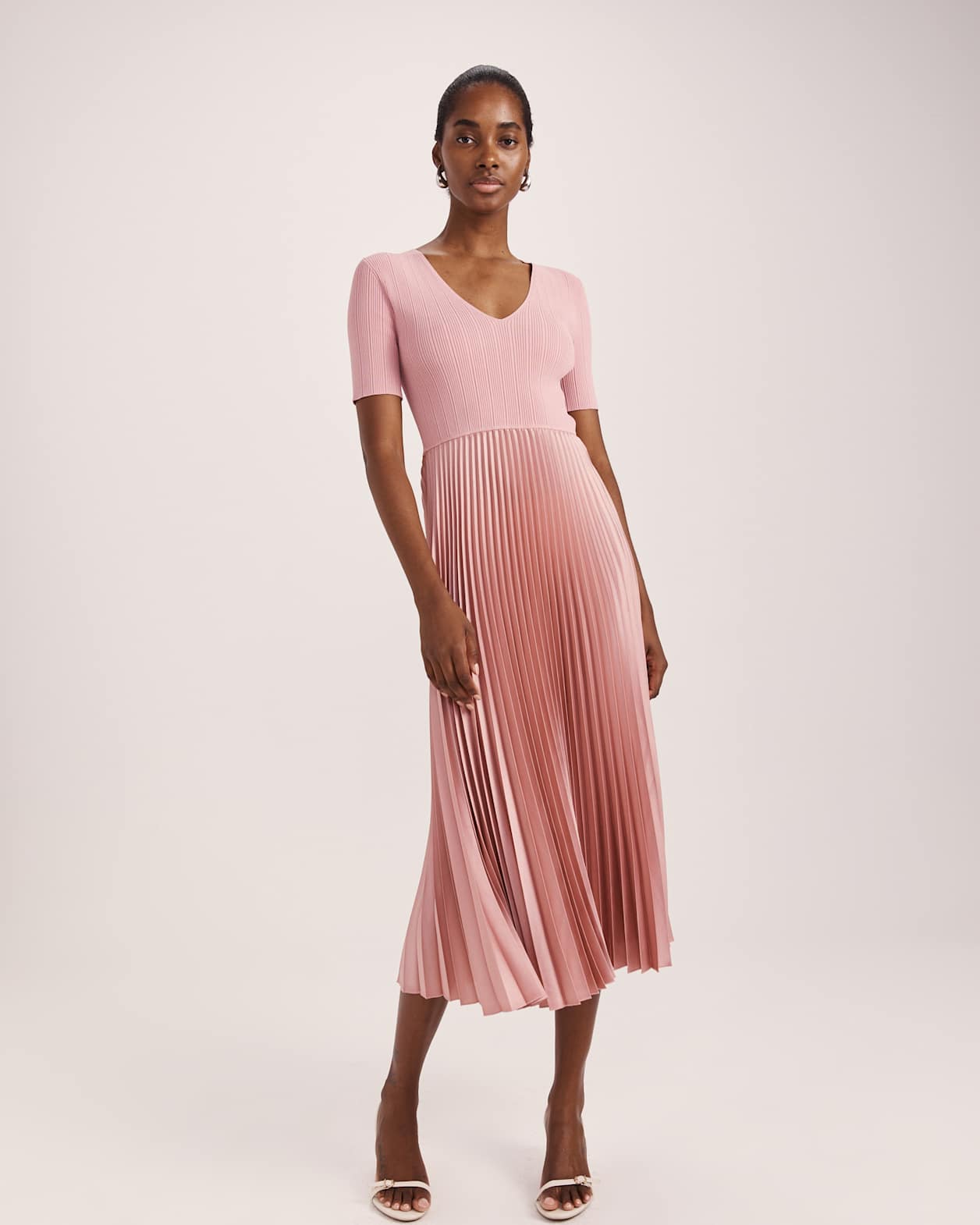 Vicky V Neck Mixed Media Dress in DUSTY ROSE