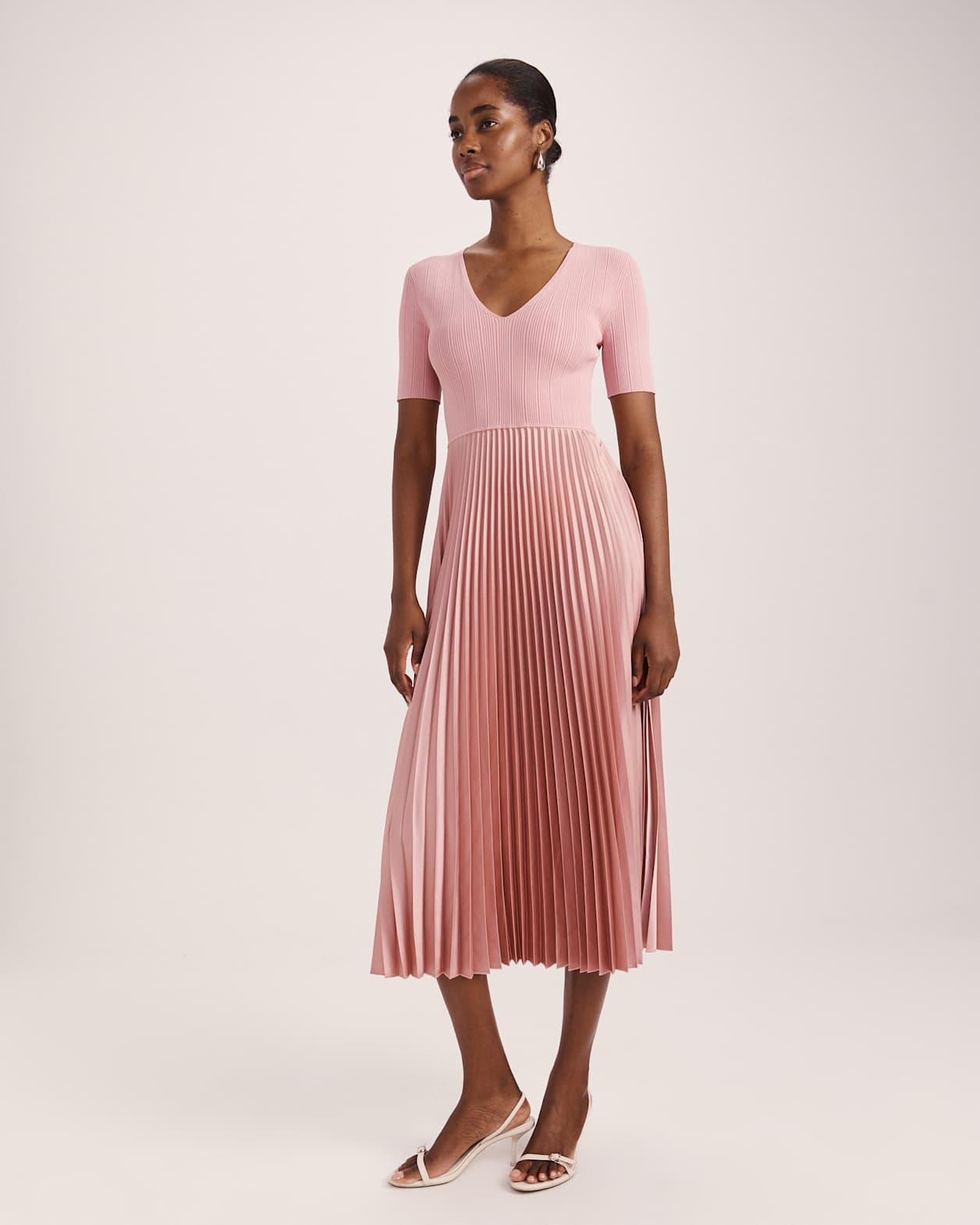 Vicky V Neck Mixed Media Dress in DUSTY ROSE