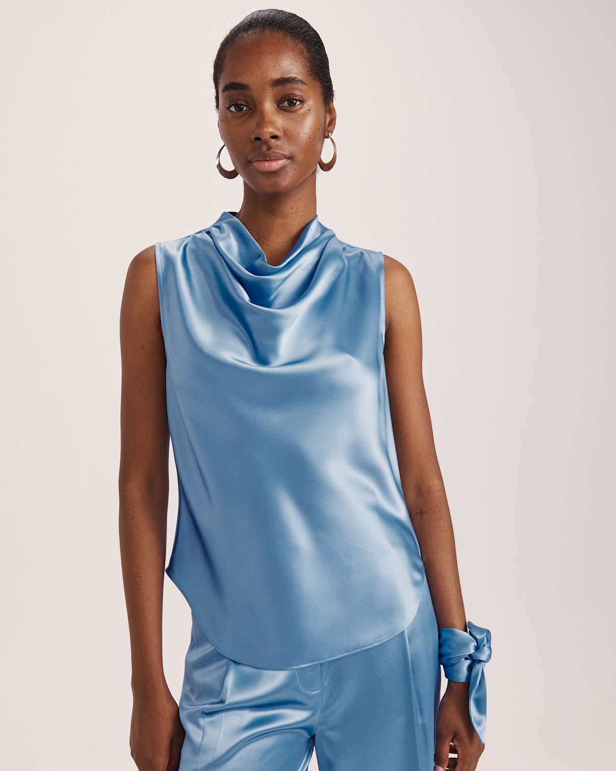 Sallee Satin Cowl Neck Top in BLUE AZURE
