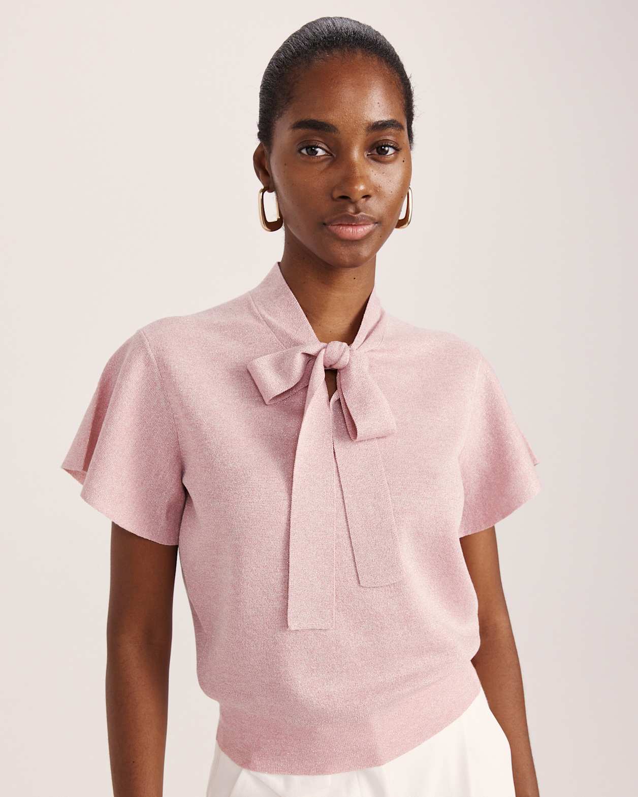 Mariya Metallic Tie Neck Knit in PALE PINK