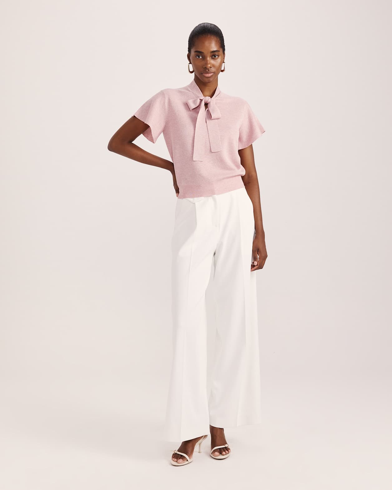 Mariya Metallic Tie Neck Knit in PALE PINK