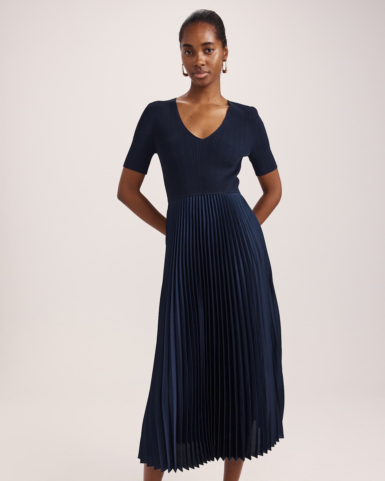 Vicky V Neck Mixed Media Dress in NAVY