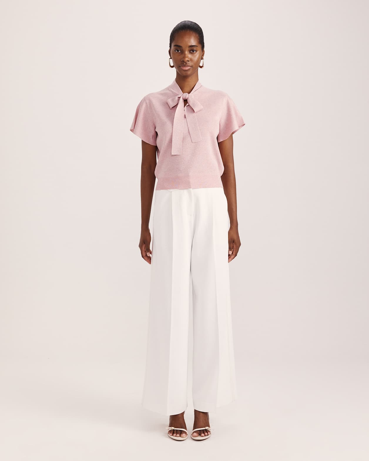 Mariya Metallic Tie Neck Knit in PALE PINK