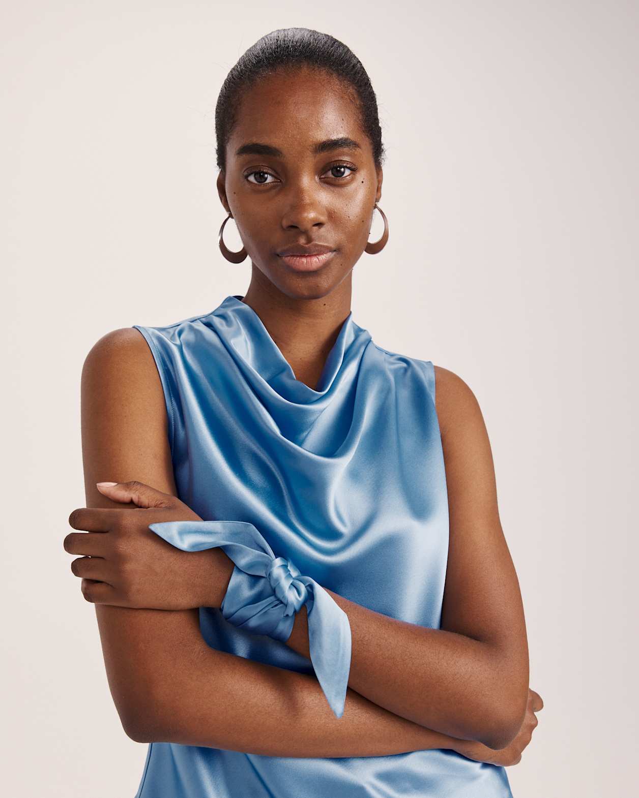 Sallee Satin Cowl Neck Top in BLUE AZURE