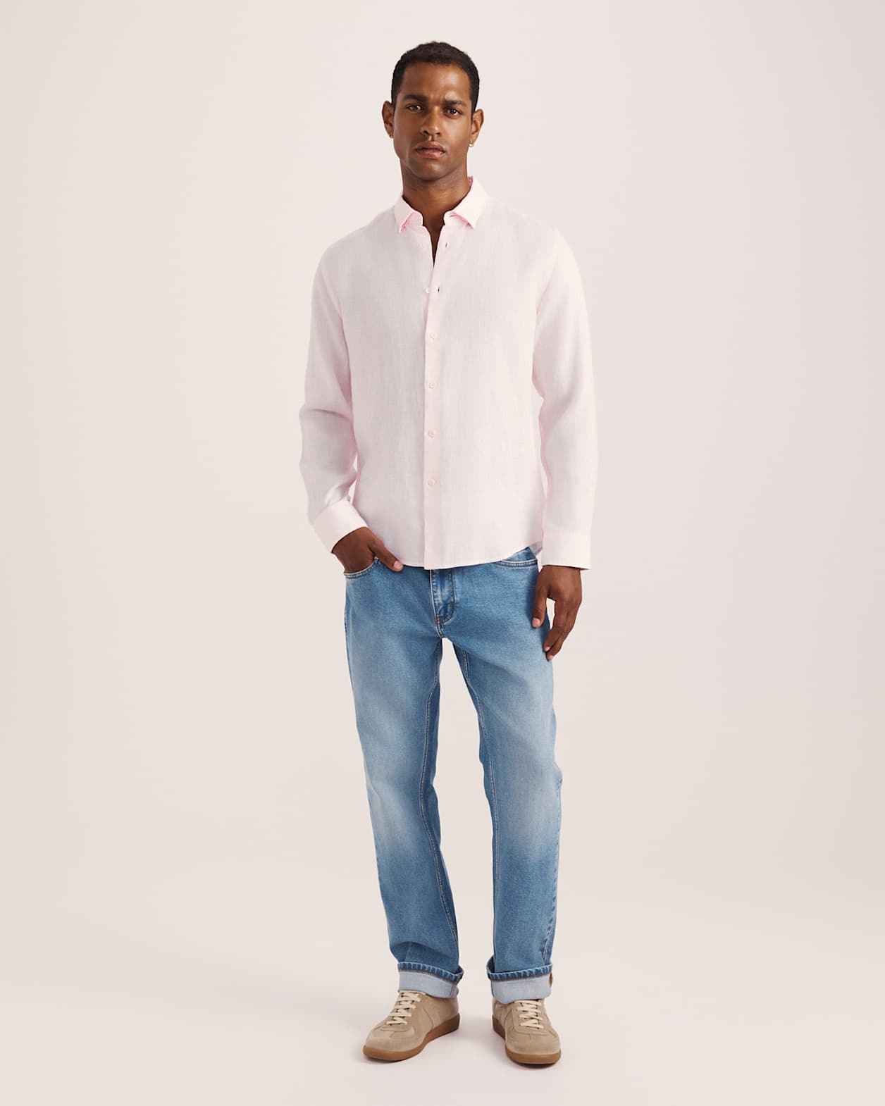 Anderson Long Sleeve Classic Linen Shirt in PINK