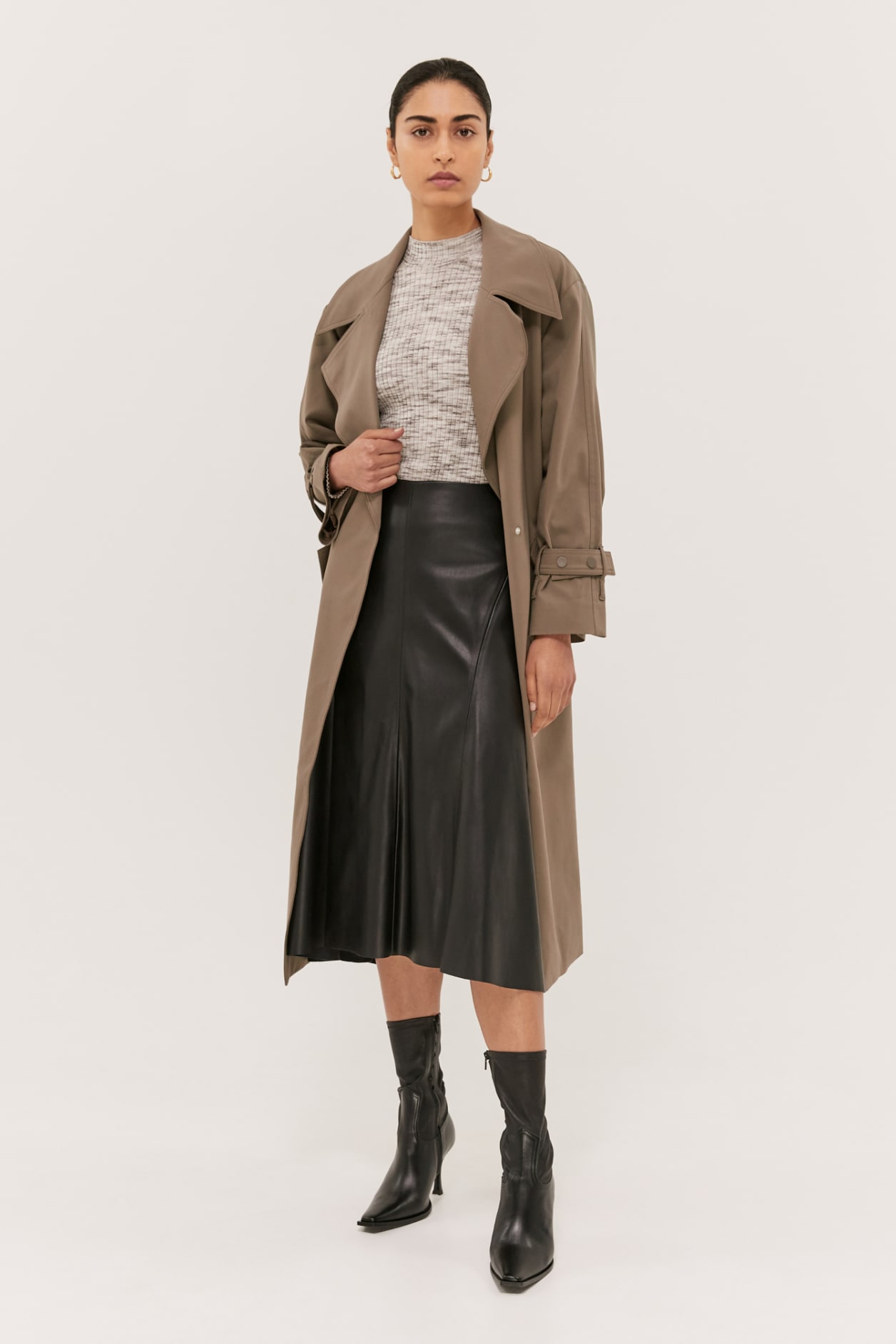 Viv Vegan Leather Midi Skirt in BLACK