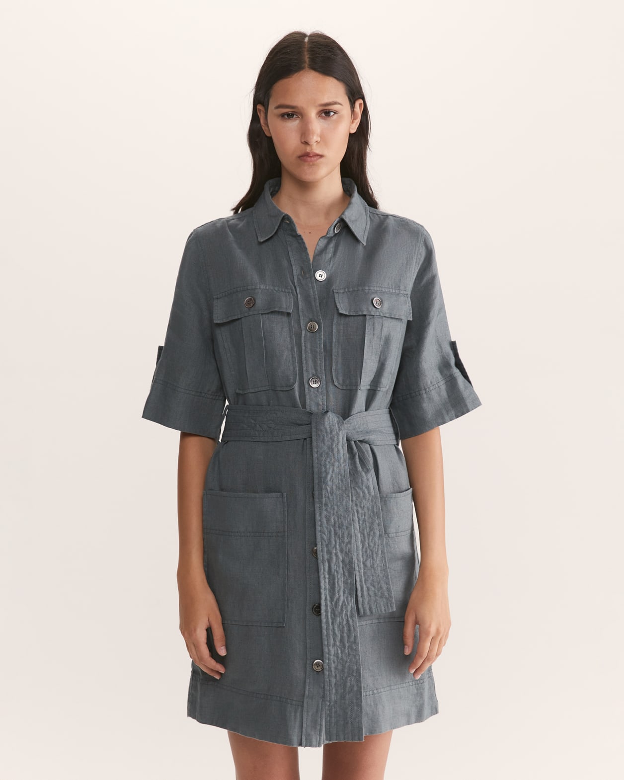 Lila Linen Belted Shirt Dress in FOSSIL