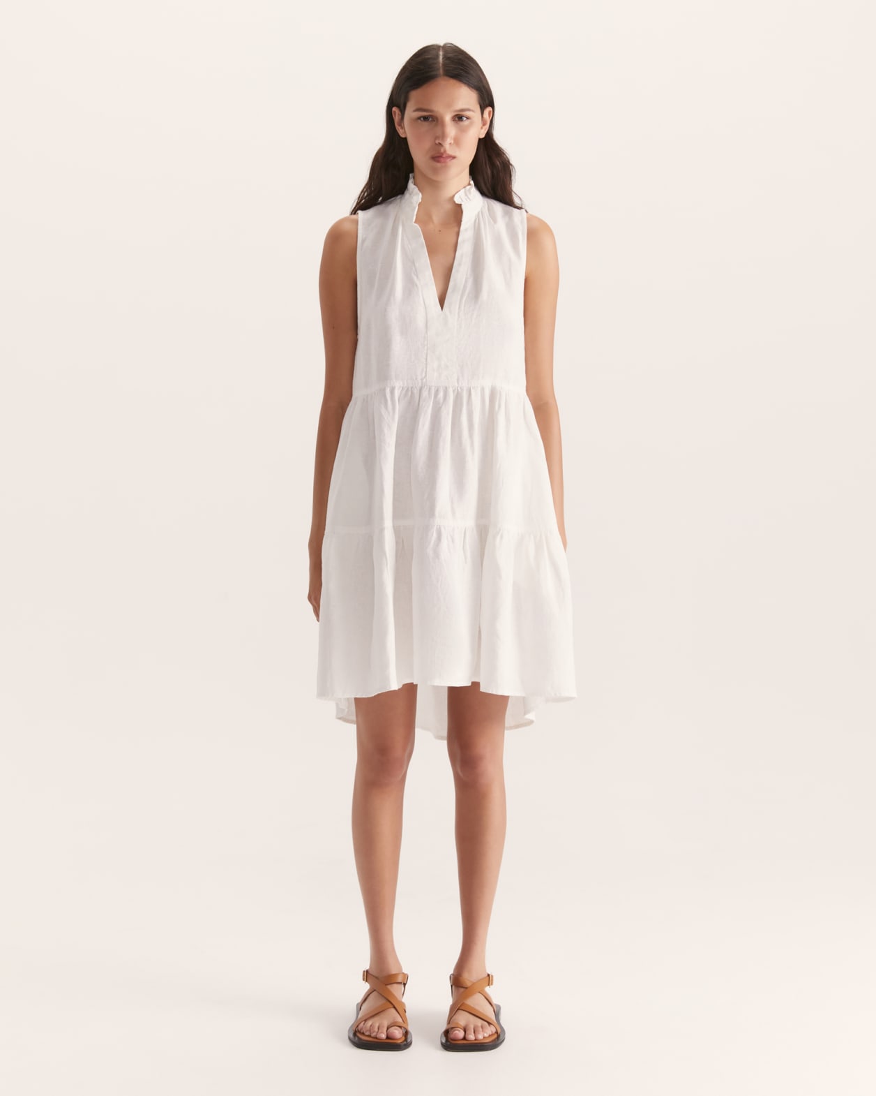 Lila Linen Tiered Mini Dress in WHITE