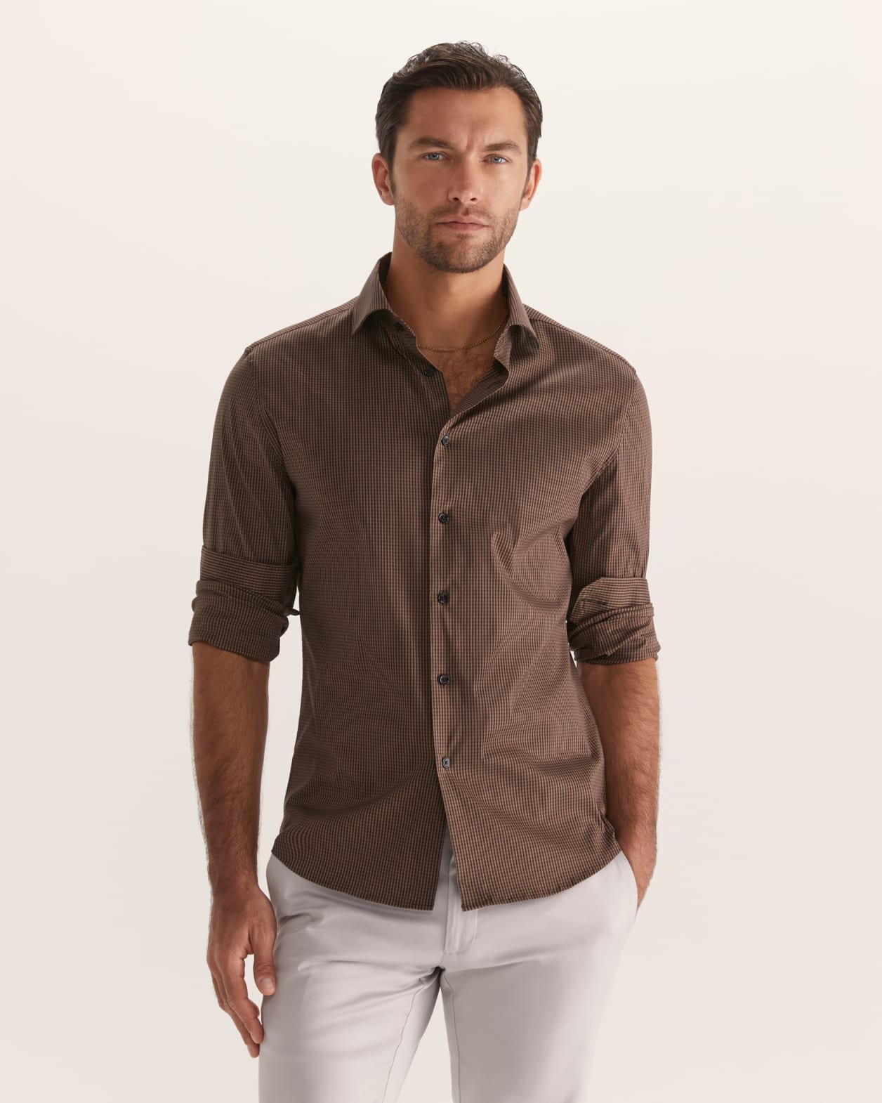 Turrell Long Sleeve Slim Check Shirt in CHOCOLATE