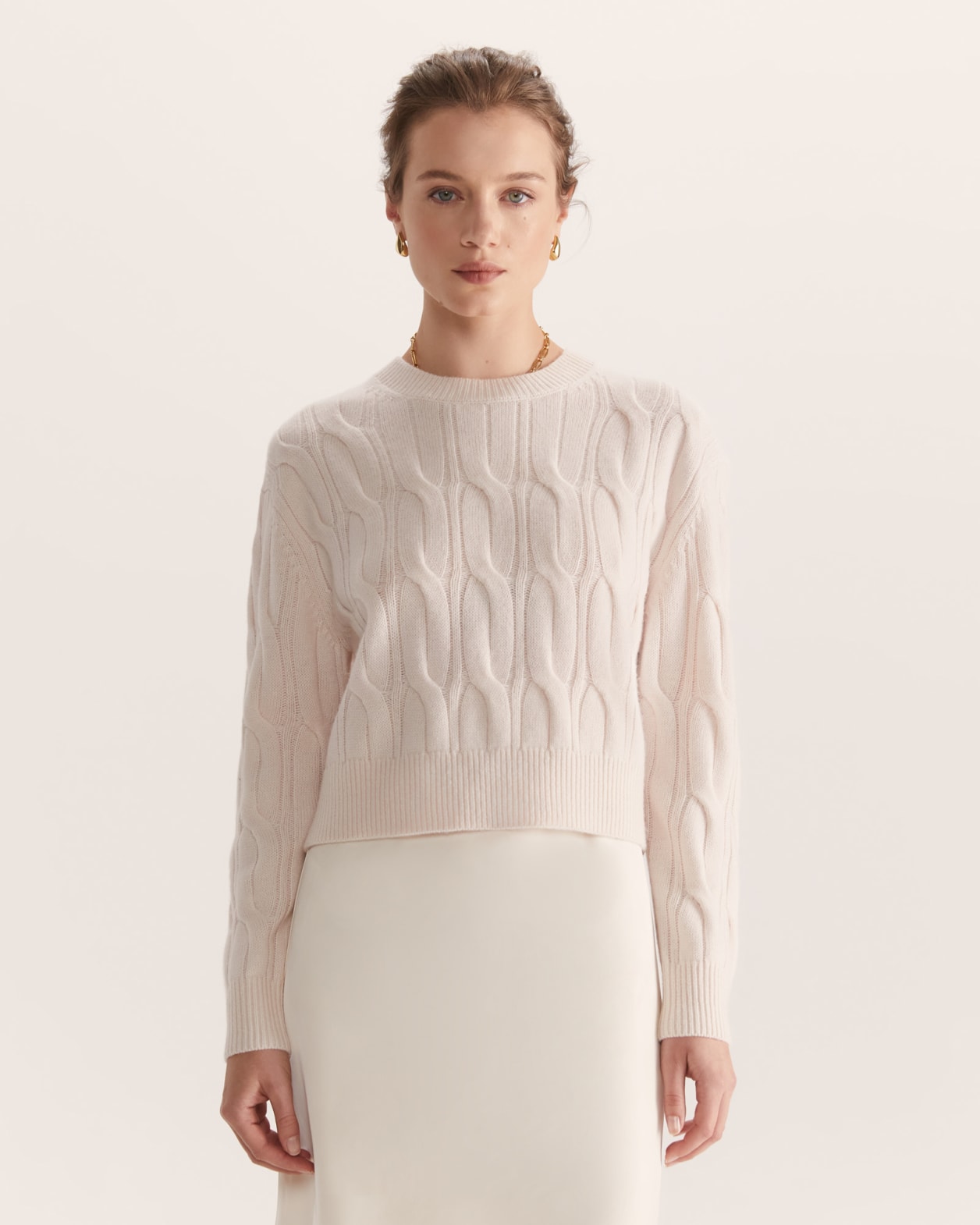 Nora Wool Cashmere Cropped Cable Sweater in CREAM