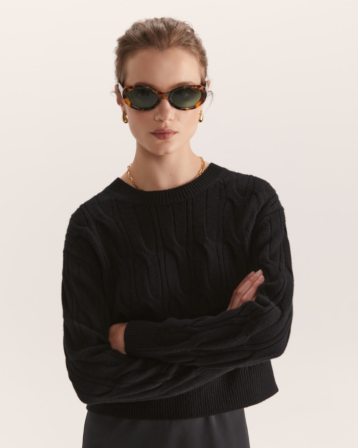 Nora Wool Cashmere Cropped Cable Sweater in BLACK