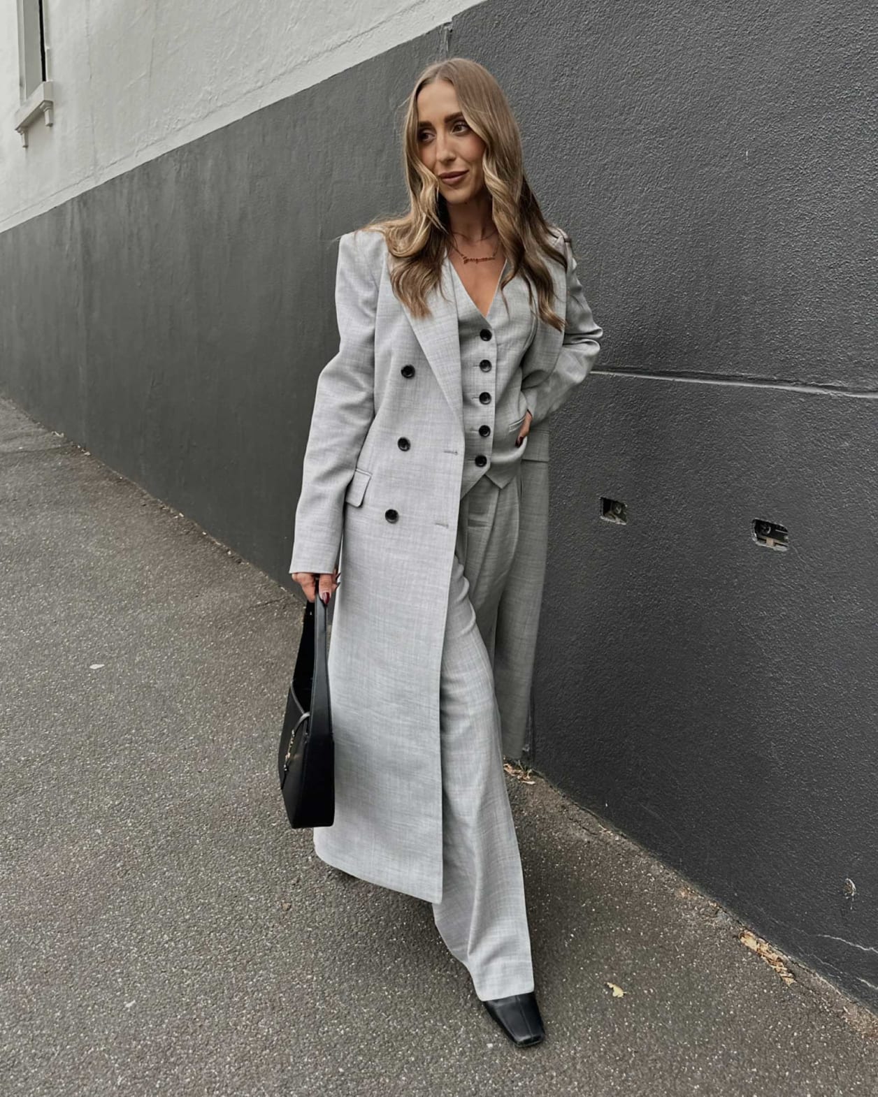 Grey wool double breasted coat top