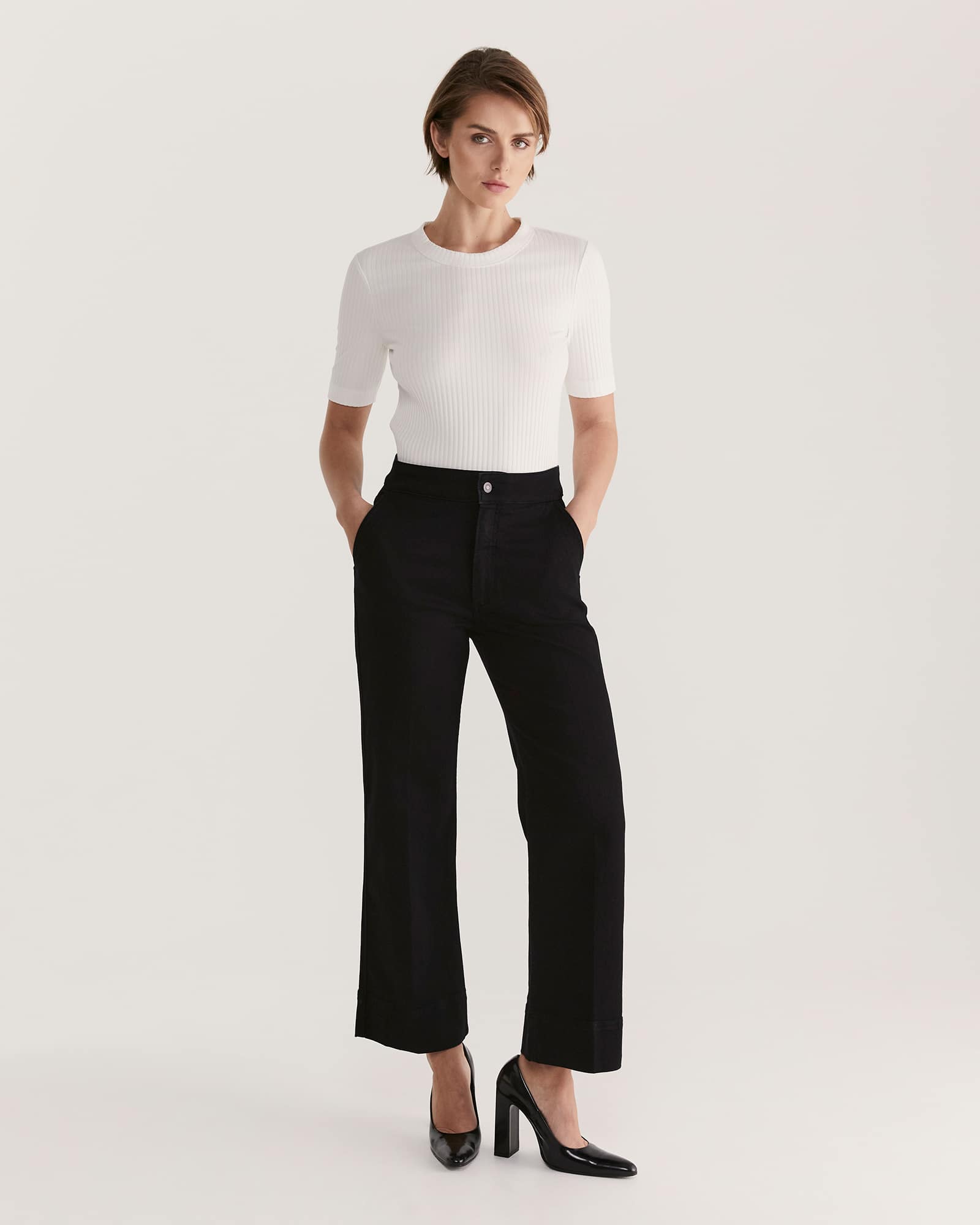 Maya Half Sleeve Rib Top in Off White - SABA