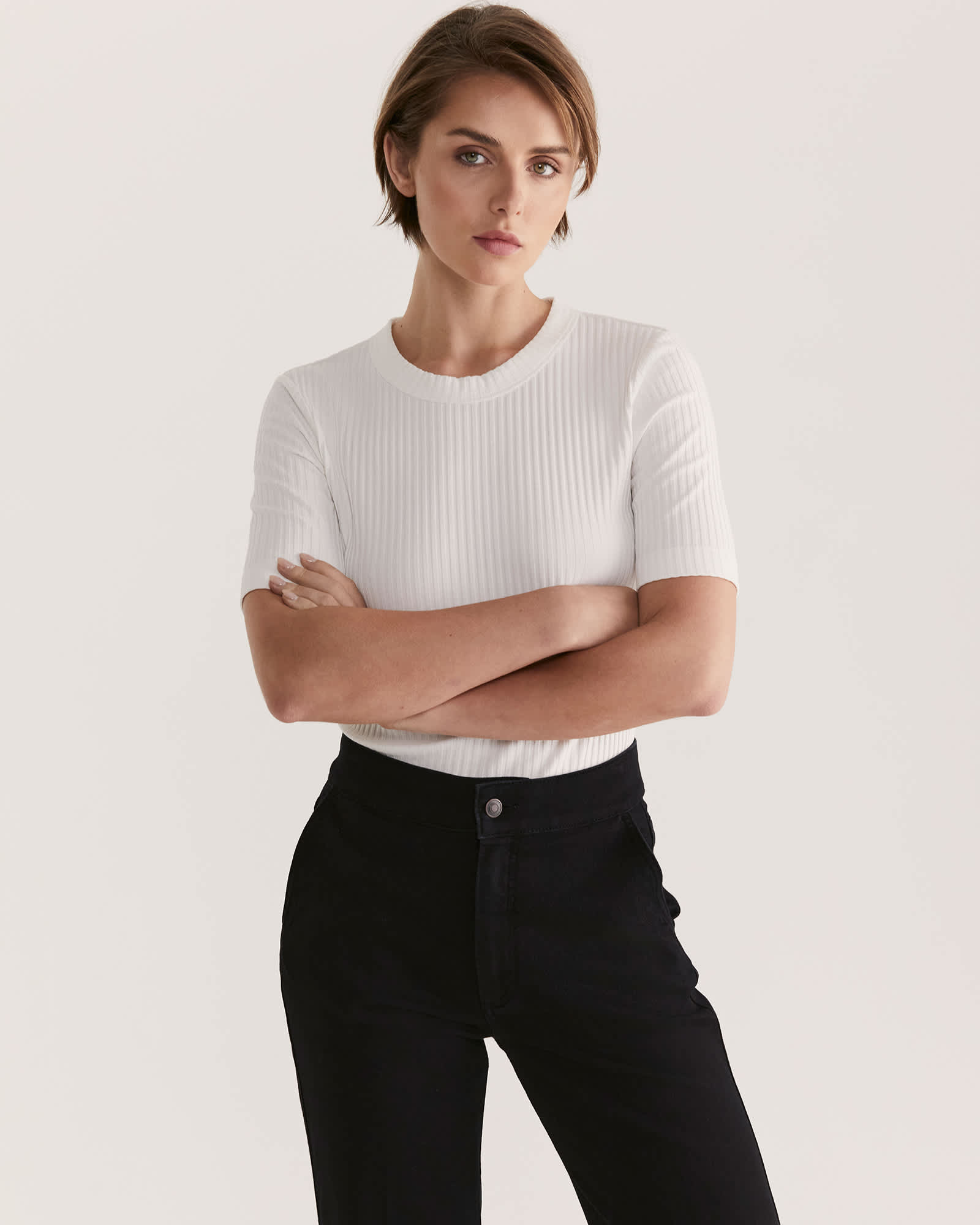 Maya Half Sleeve Rib Top in Off White - SABA