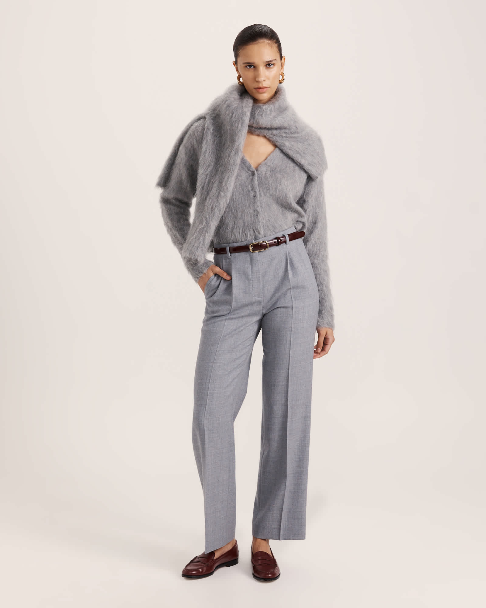 Mindy Mohair Wool Cropped Cardi in Light Grey Melange - SABA