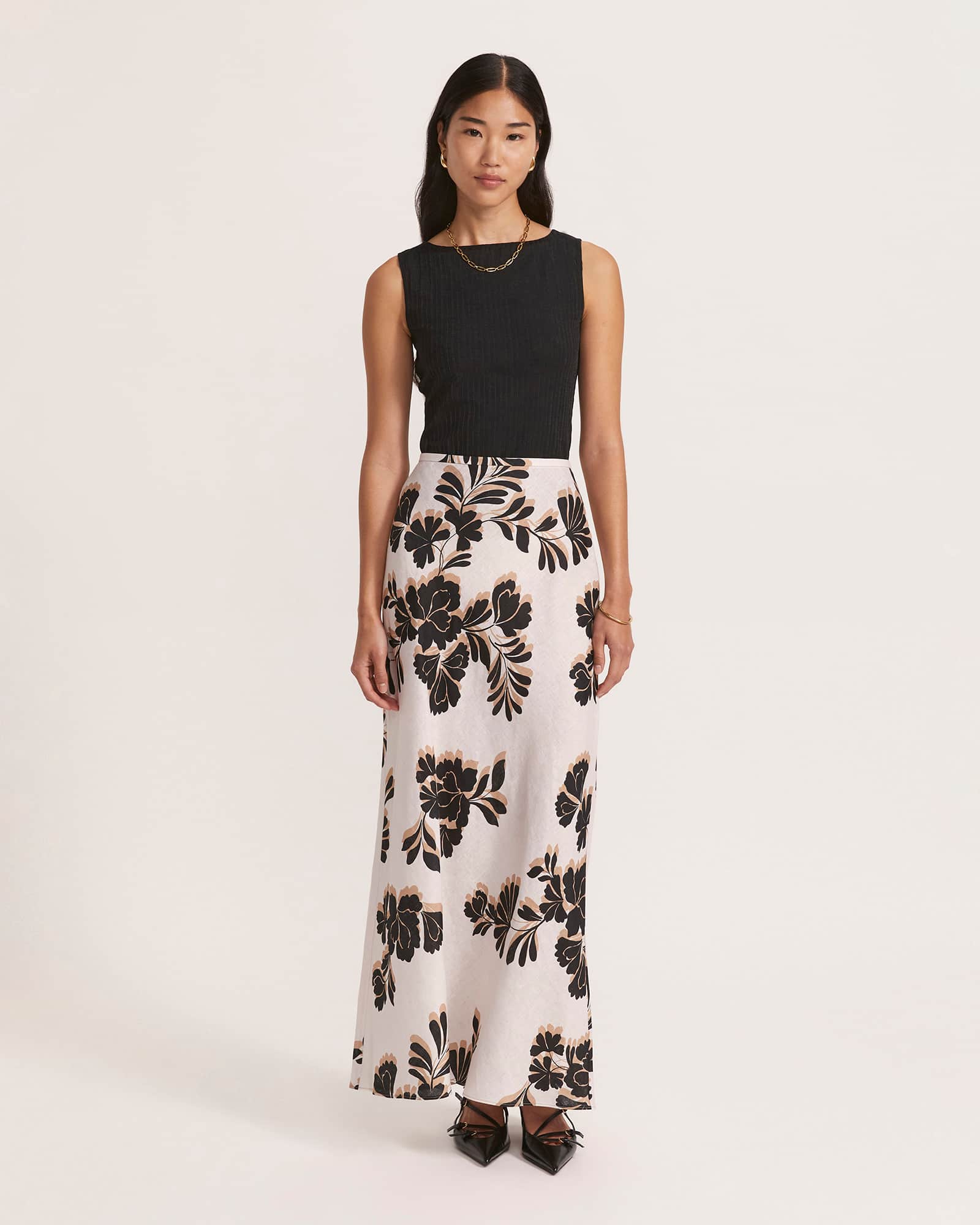 Ribbon Floral Bias Linen Midi Skirt