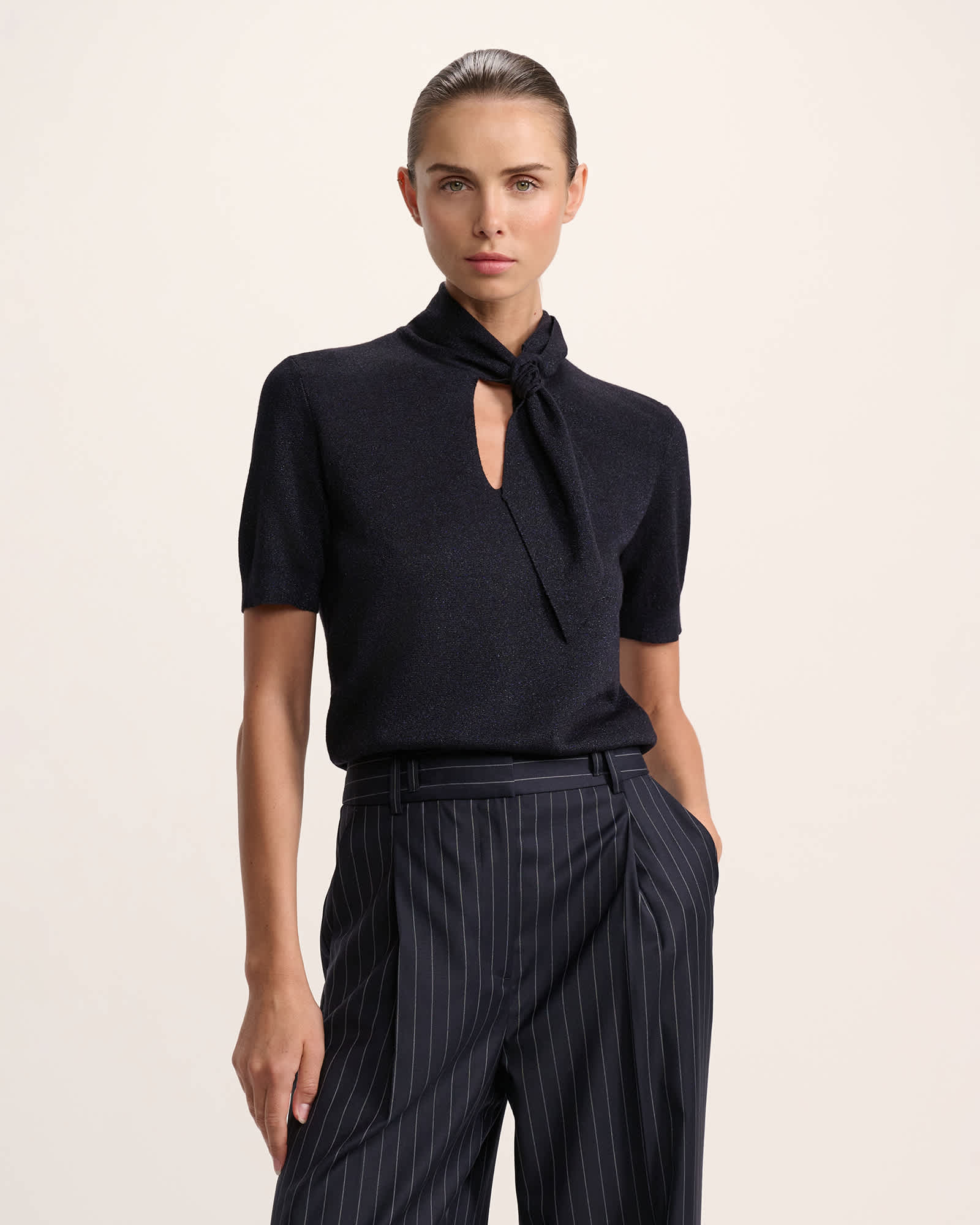 Mariya Metalic Tie Neck Knit