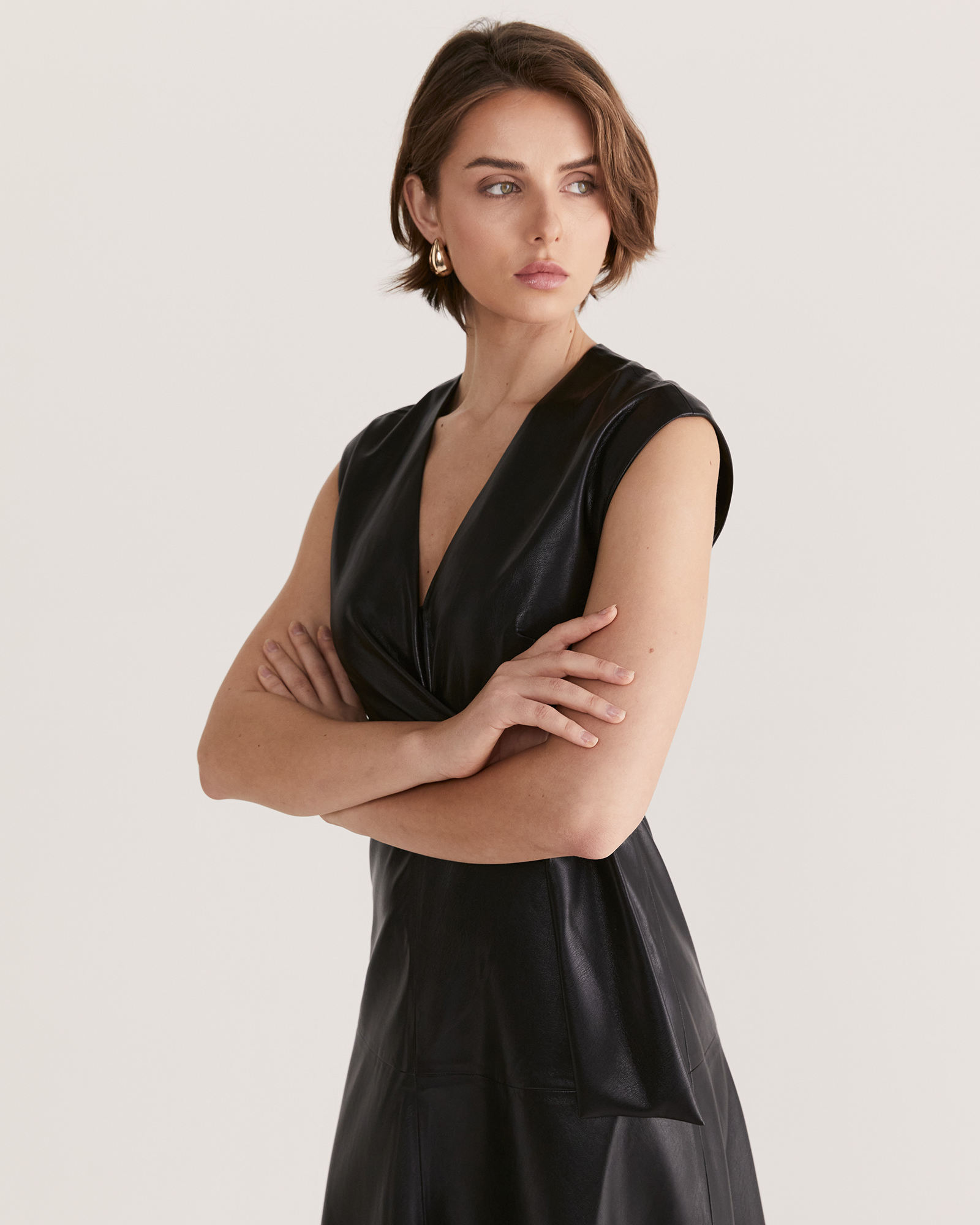 Black leather wrap dress hotsell
