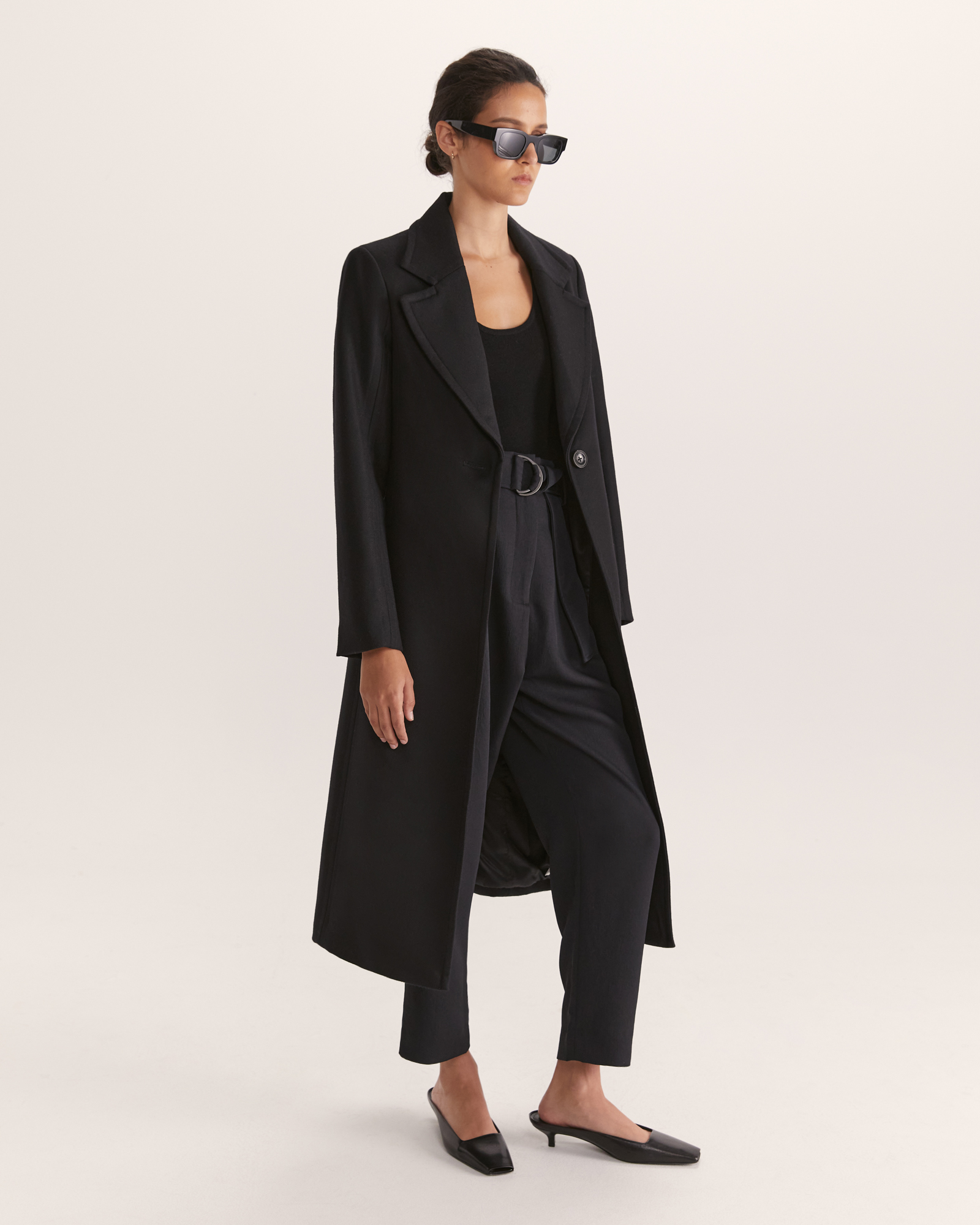 Long black coat with belt on sale