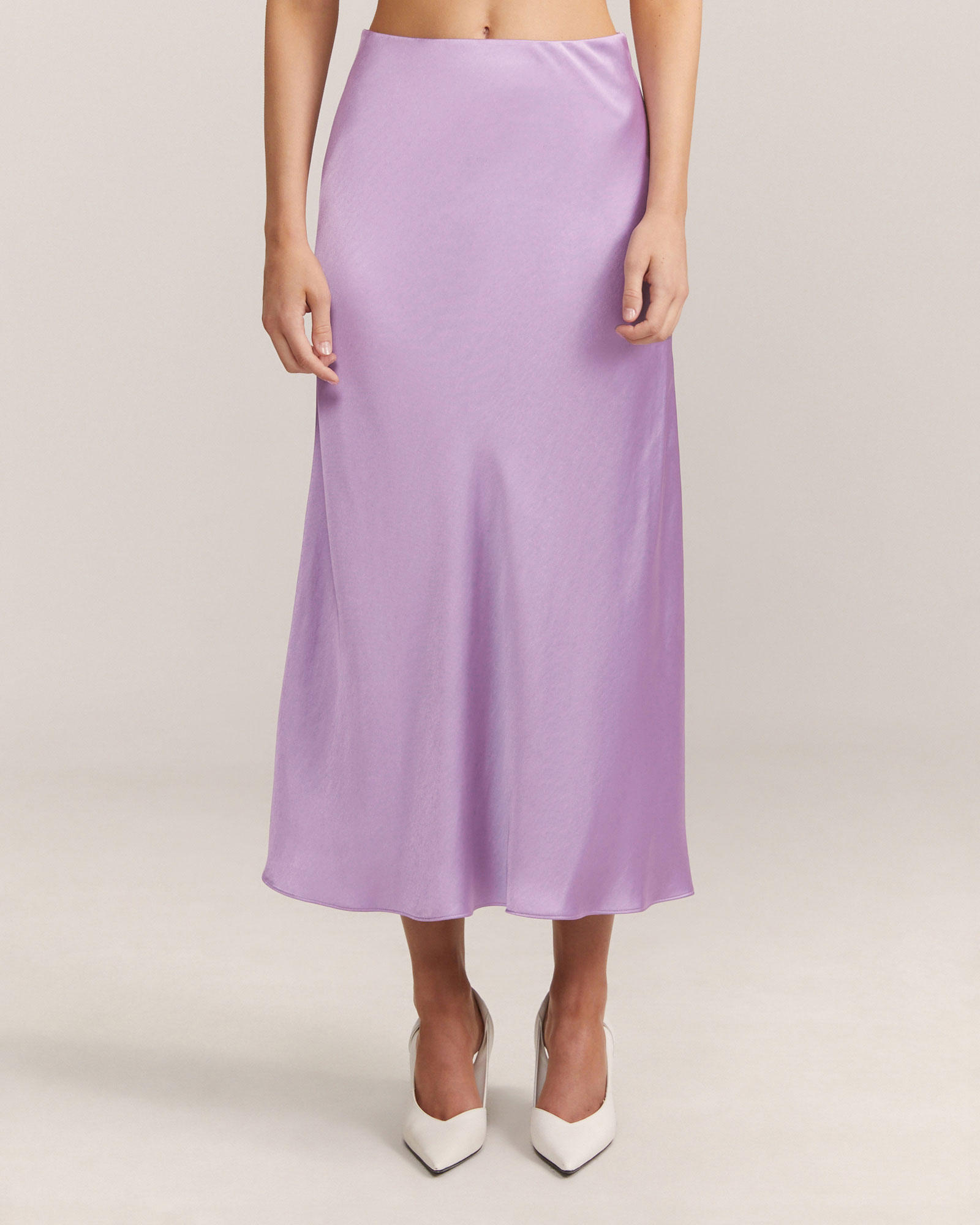 Selena Satin Bias Midi Skirt in Purple SABA