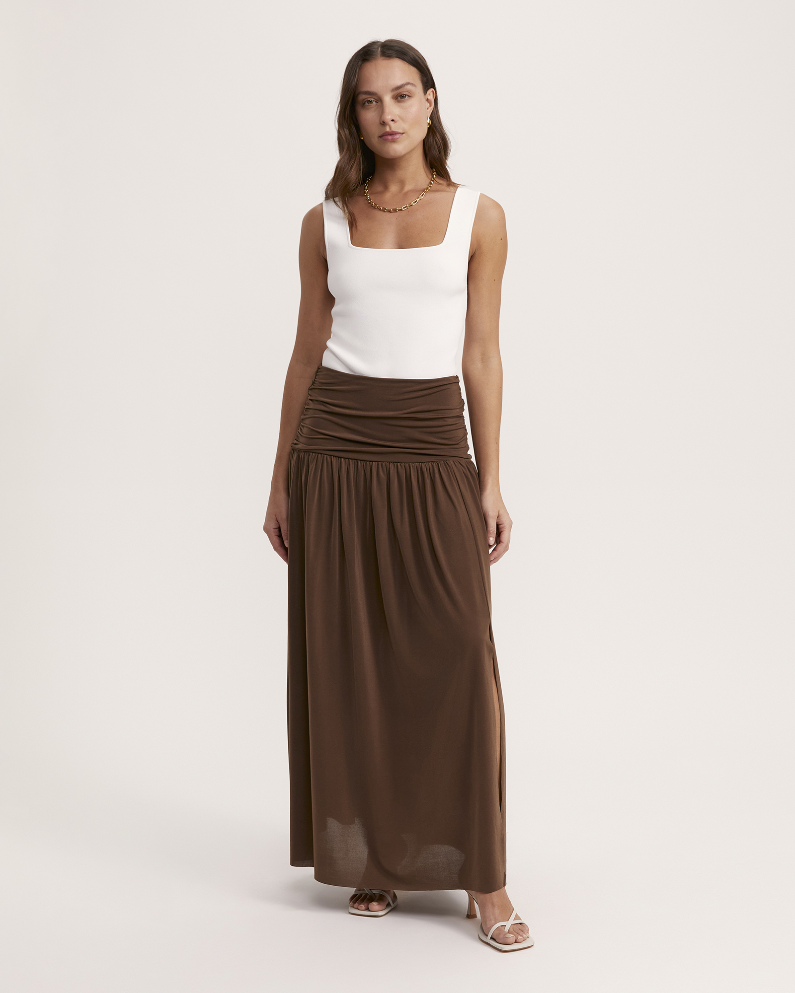 Serena Rouched Maxi Skirt in Mocha SABA